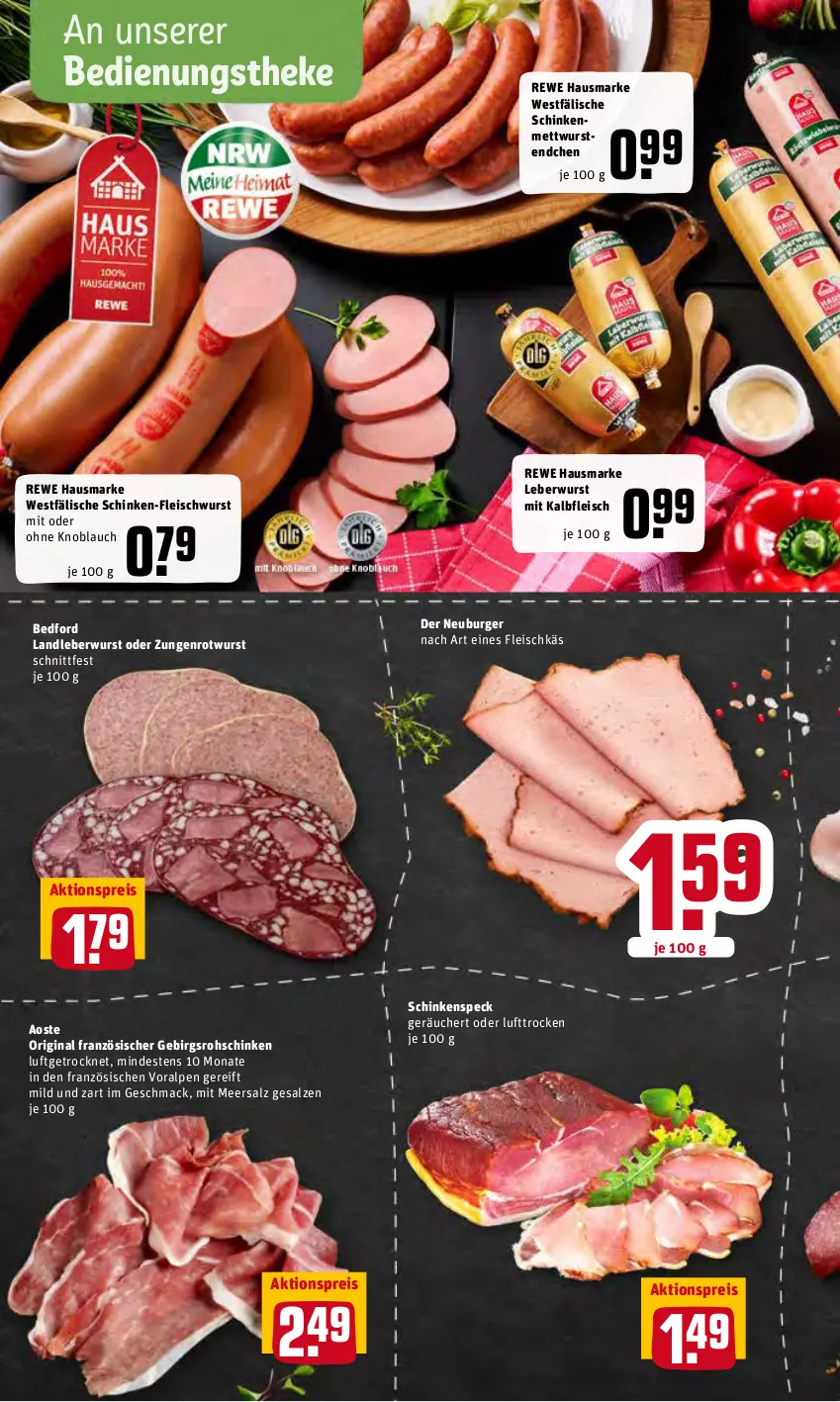 Aktueller Prospekt Rewe - Prospekte - von 04.04 bis 10.04.2022 - strona 6 - produkty: aktionspreis, burger, eis, fleisch, fleischwurst, gin, hausmarke, Kalbfleisch, knoblauch, landleberwurst, leberwurst, mac, meersalz, Mett, mettwurst, mit kalbfleisch, mit oder ohne knoblauch, Neuburger, reis, rewe hausmarke, rohschinken, Rotwurst, salz, schinken, schinkenspeck, Speck, Ti, wurst