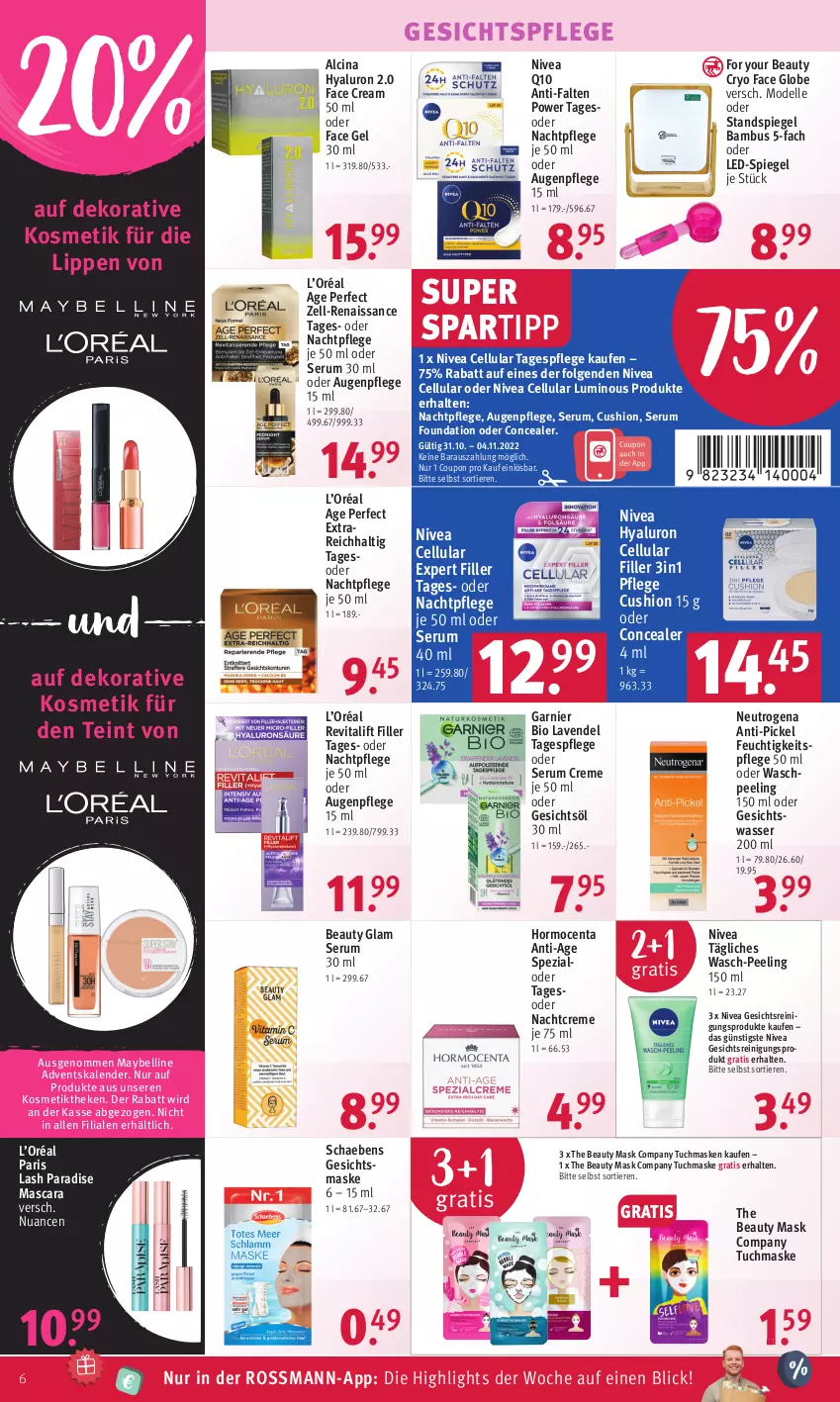 Aktueller Prospekt Rossmann - Prospekte - von 31.10 bis 04.11.2022 - strona 6 - produkty: Adventskalender, Augenpflege, bambus, bio, cellular filler, cin, coupon, creme, dell, elle, feuchtigkeitspflege, For Your Beauty, garnier, Gesichtsmaske, Gesichtsöl, gesichtspflege, Gesichtswasser, HP, hyaluron, kosmetik, lavendel, LG, Mascara, Maske, Maybelline, Mode, nachtcreme, nachtpflege, neutrogena, nivea, Nuance, Peeling, Q10, Reinigung, Revital, revitalift, rum, Schaebens, Serum, spartipp, Spezi, spiegel, Standspiegel, Tagespflege, Ti, Tiere, tuc, tuchmaske, vita, wasser, Yo