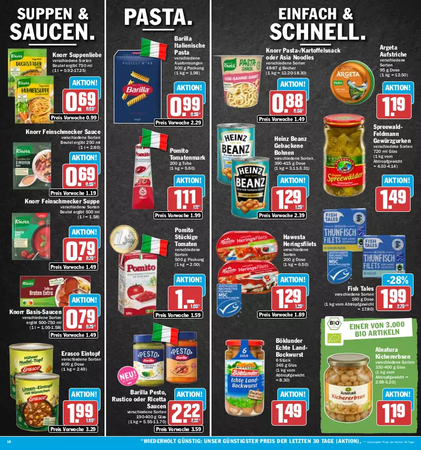 Aktueller Prospekt Hit - Prospekte - von 21.08 bis 26.08.2023 - strona 10 - produkty: aufstrich, barilla, beanz, Becher, beutel, bio, bockwurst, bohne, bohnen, böklunder, eintopf, eis, erasco, erbsen, feinschmecker, filet, filets, geback, gewürz, Gewürzgurke, gewürzgurken, gurke, gurken, hawesta, heinz, hering, Herings, heringsfilets, italienische pasta, kartoffel, kichererbsen, knorr, knorr pasta, natur, natura, pasta, pesto, pomito, reis, ring, sauce, saucen, snack, suppe, suppen, suppenliebe, Ti, tomate, tomaten, tomatenmark, topf, wurst, ZTE