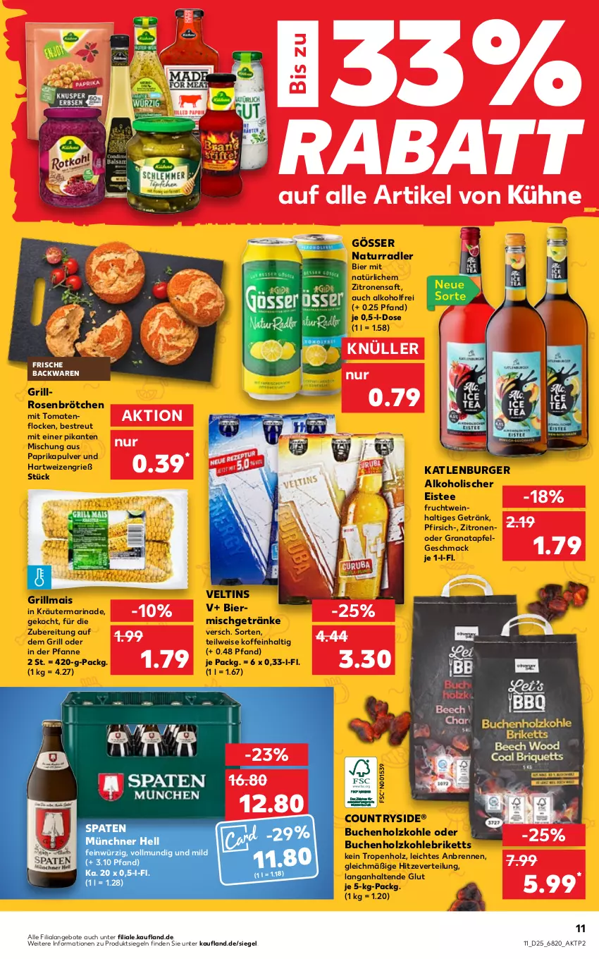 Aktueller Prospekt Kaufland - von 23.06 bis 29.06.2022 - strona 11 - produkty: alkohol, angebot, angebote, apfel, backwaren, bier, briketts, brötchen, buch, burger, eis, eistee, frische backwaren, frucht, getränk, getränke, gösser, grana, granatapfel, grill, Grillmais, hartweizen, Holz, holzkohle, katlenburger, kräuter, Kühne, LG, mac, mais, marinade, natur, paprika, pfanne, pfirsich, radler, Rana, rosen, saft, Spaten, tee, Ti, tomate, tomaten, veltins, wein, zitrone, zitronen, zitronensaft