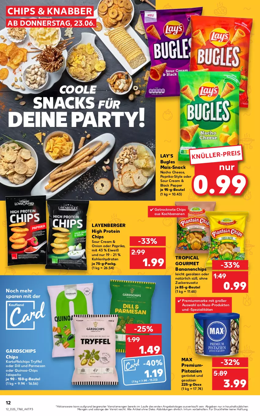 Aktueller Prospekt Kaufland - von 23.06 bis 29.06.2022 - strona 12 - produkty: angebot, banane, bananen, Berger, beutel, bugles, chips, eis, jalapeño, kartoffel, kartoffelchips, lack, lay's, mais, nacho, nacho cheese, nuss, paprika, pistazien, quinoa, salz, snack, snacks, sour cream, Spezi, Ti, ZTE, zucker