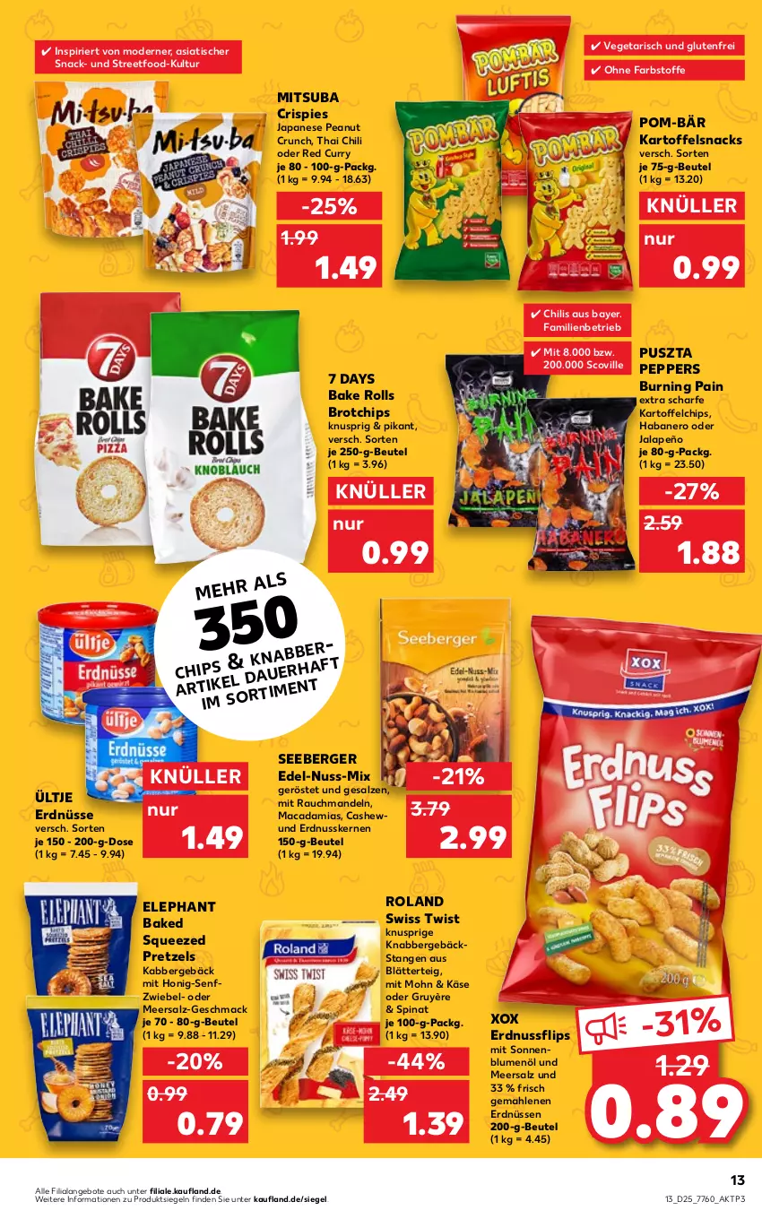 Aktueller Prospekt Kaufland - von 23.06 bis 29.06.2022 - strona 13 - produkty: angebot, angebote, Berger, beutel, blätterteig, blume, blumen, blumenöl, brot, Cashew, chili, chips, curry, erdnuss, erdnüsse, erdnüssen, honig, Honig-Senf, jalapeño, kartoffel, kartoffelchips, Käse, mac, macadamia, mandel, mandeln, meersalz, Mode, nero, nuss, pom-bär, Pretzel, Rauch, salz, seeberger, senf, snack, snacks, sonnenblume, sonnenblumen, sonnenblumenöl, spinat, Ti, tisch, ültje, ültje erdnüsse, Vegeta, zwiebel