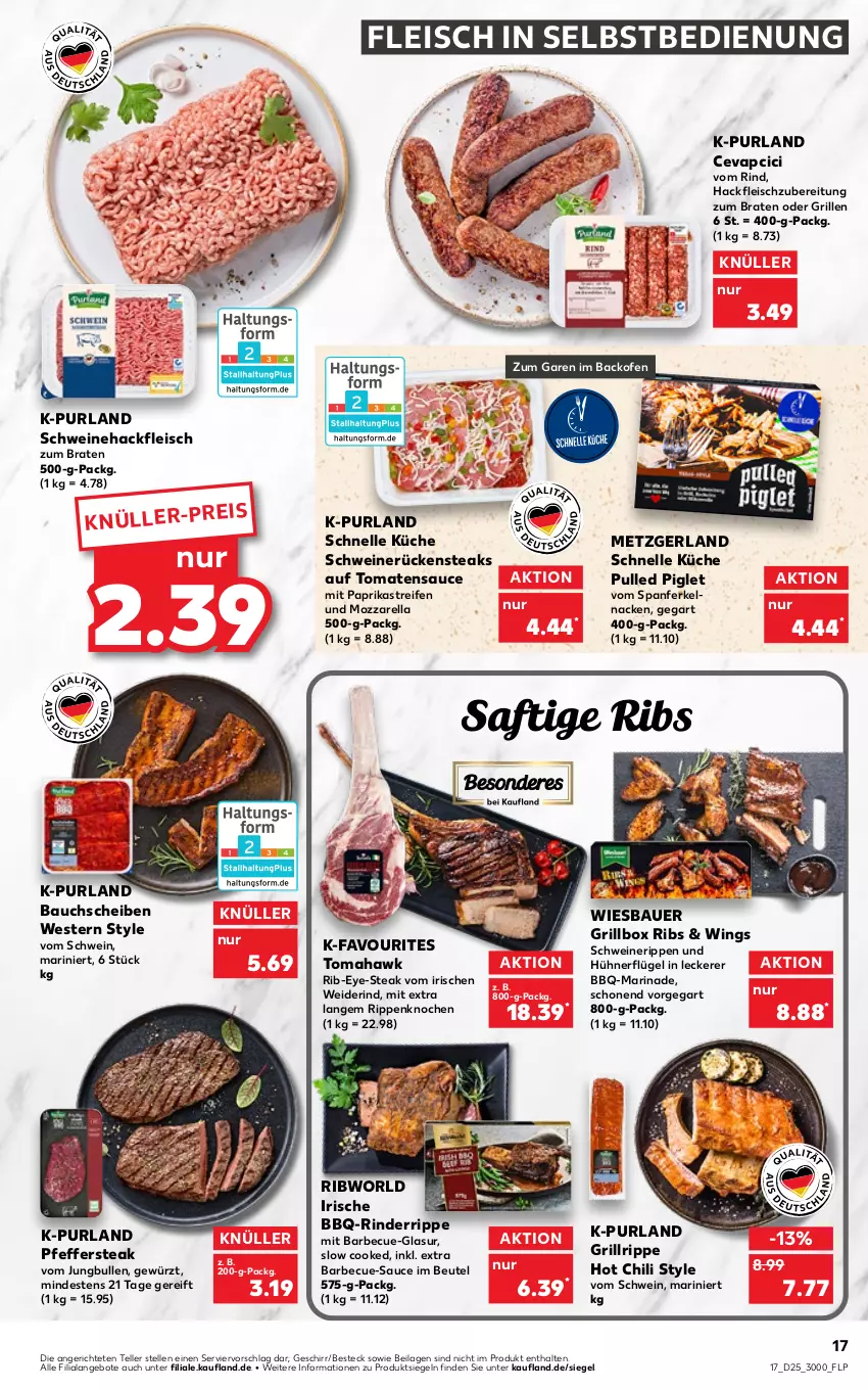 Aktueller Prospekt Kaufland - von 23.06 bis 29.06.2022 - strona 17 - produkty: angebot, angebote, auer, backofen, barbecue, Bau, bauchscheiben, Bauer, besteck, beutel, braten, cevapcici, chili, eis, elle, fleisch, fleisch in selbstbedienung, geschirr, gewürz, grill, Grillbox, grillrippe, hackfleisch, hot chili, hühner, ilag, jungbullen, küche, marinade, mit paprika, mozzarella, nerf, Ofen, paprika, pfeffer, purland, reifen, rel, rind, rinder, Rippen, Rückensteak, rückensteaks, saft, sauce, schwein, schweine, Schweinehackfleisch, Schweinerippen, schweinerücken, steak, steaks, teller, Ti, tomate, tomaten, tomatensauce, wein, weine, Weste, wiesbauer