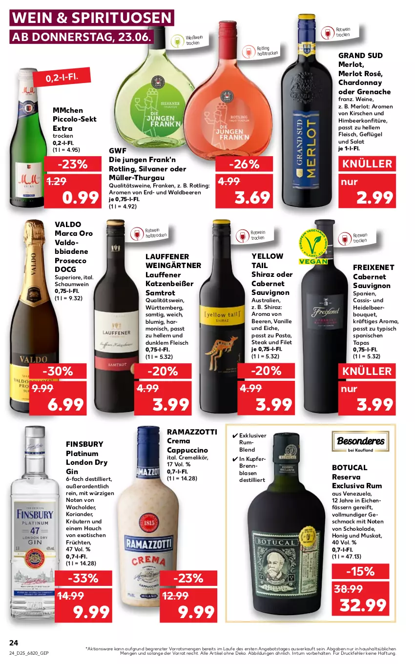 Aktueller Prospekt Kaufland - von 23.06 bis 29.06.2022 - strona 24 - produkty: angebot, aust, beere, beeren, cabernet, cabernet sauvignon, Cap, cappuccino, cassis, chardonnay, cin, creme, dry gin, ecco, eis, elle, filet, finsbury, fleisch, freixenet, früchte, früchten, Geflügel, gin, grand sud, himbeer, honig, kirsch, kirsche, kirschen, konfitüre, Koriander, kräuter, kräutern, likör, london dry, london dry gin, mac, merl, merlot, Müller, Müller-Thurgau, pasta, prosecco, qualitätswein, qualitätsweine, rama, ramazzott, ramazzotti, Ria, rotwein, rum, salat, sauvignon, schoko, schokolade, sekt, silvaner, spirituosen, steak, Tapas, Ti, tisch, tuc, valdo, vanille, wein, weine, Weißwein, yellow tail, zott, ZTE