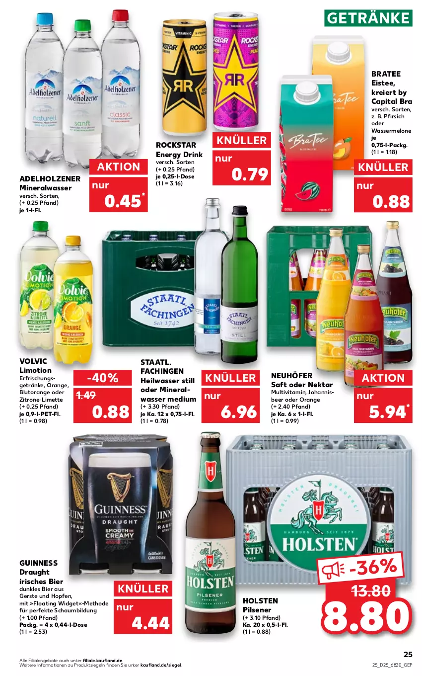 Aktueller Prospekt Kaufland - von 23.06 bis 29.06.2022 - strona 25 - produkty: angebot, angebote, bier, Blutorange, BraTee, Cap, drink, eier, eis, eistee, energy drink, erfrischungsgetränk, erfrischungsgetränke, getränk, getränke, Guinness, holsten, holsten pilsener, Holz, limette, limo, melone, Mett, Nektar, orange, pfirsich, pils, pilsener, Rockstar, saft, Staatl. Fachingen, tee, Ti, vita, volvic, wasser, wassermelone, zitrone