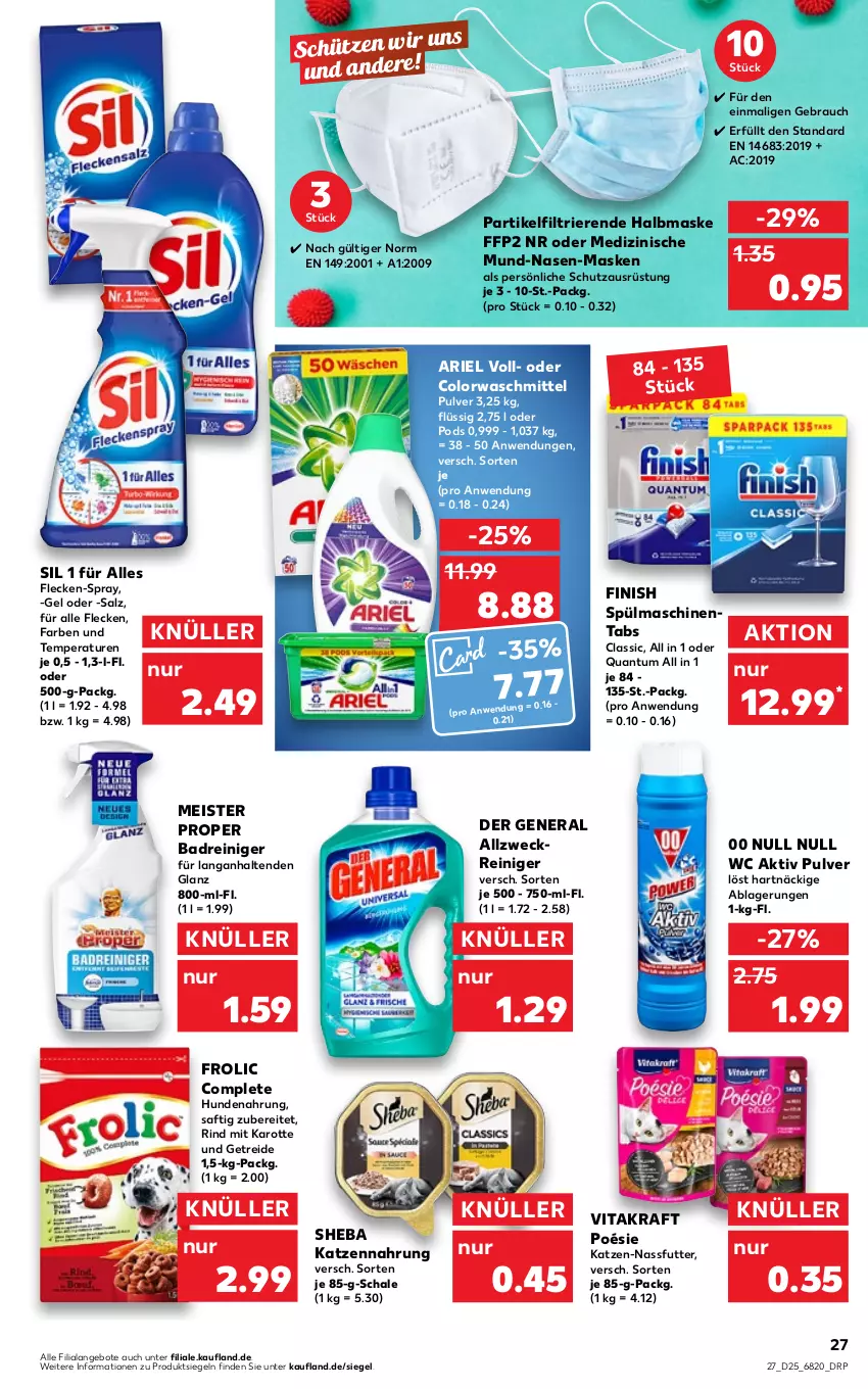 Aktueller Prospekt Kaufland - von 23.06 bis 29.06.2022 - strona 27 - produkty: allzweckreiniger, angebot, angebote, ariel, Bad, colorwaschmittel, eis, FFP2, Finish, frolic, hundenahrung, katzennahrung, kraft, Maske, Meister, meister proper, nassfutter, Pods, Rauch, reiniger, rind, saft, salz, Schal, Schale, Schütze, sheba, spülmaschinen, spülmaschinentabs, Ti, vita, vitakraft, waschmittel, weck