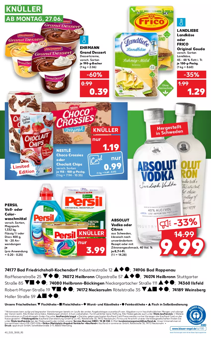 Aktueller Prospekt Kaufland - von 23.06 bis 29.06.2022 - strona 40 - produkty: Absolut Vodka, angebot, angebote, Astra, Bad, Becher, bio, chips, choclait chips, choco crossies, colorwaschmittel, creme, crossies, dessert, drucker, ehrmann, Ehrmann Grand Dessert, eis, Engel, erde, feinkost, feinkosttheke, fisch, fischtheke, fleisch, frico, gin, gouda, Käse, käsetheke, kerze, landkäse, landliebe, LG, mac, megaperls, ndk, nestlé, persil, reis, rezept, Ti, vodka, waschmittel, wein, wurst, zitrone, zitronen, ZTE