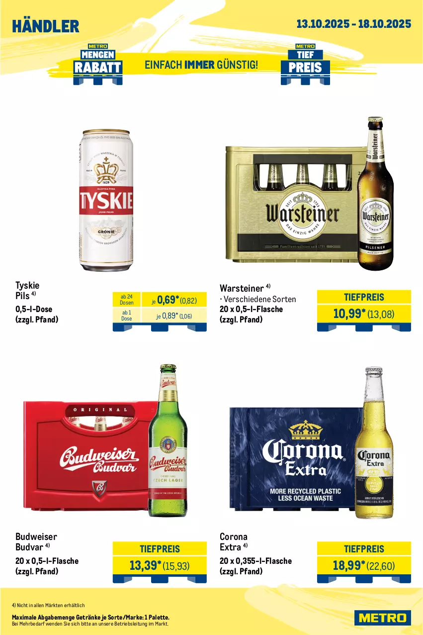 Aktueller Prospekt Metro - Wochen-Angebote Händler - von 13.10 bis 18.10.2025 - strona 6 - produkty: angebot, auer, ball, blended scotch, blended scotch whisky, budweiser, corona, corona extra, eis, flasche, Germ, getränk, getränke, jägermeister, kleiner feigling, kräuter, kräuterlikör, leine, likör, mariacron, Meister, orange, Palette, pils, reis, Ria, scotch, scotch whisky, steiner, Ti, tiefpreis, tyskie, warsteiner, wein, weinbrand, whisky