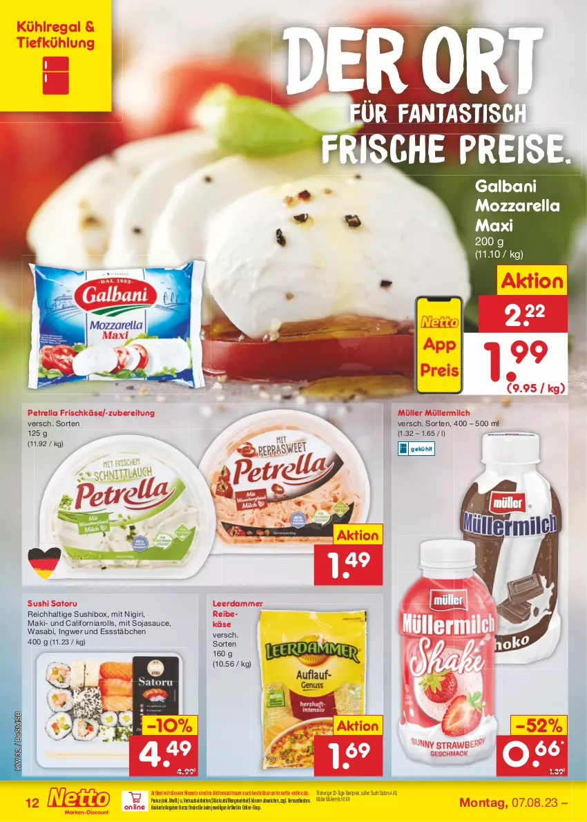 Aktueller Prospekt Netto Marken-Discount - Filial-Angebote - von 07.08 bis 12.08.2023 - strona 14 - produkty: asti, bestpreis, eis, fanta, frischkäse, galbani, ingwer, Käse, kühlregal, leerdammer, milch, mozzarella, Müller, müllermilch, ndk, petrella, regal, Reibekäse, reis, rel, sauce, soja, sojasauce, Sushi, Ti, tisch, wasa