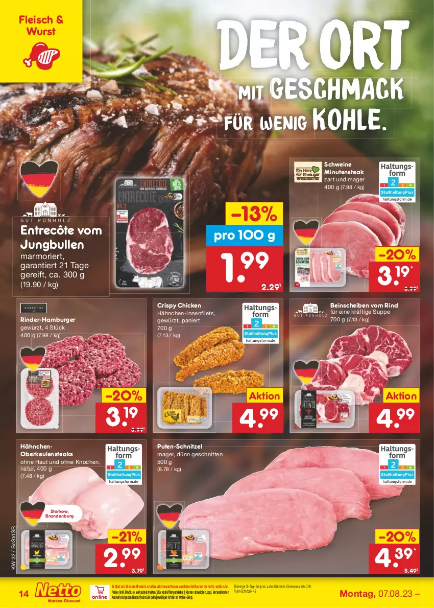 Aktueller Prospekt Netto Marken-Discount - Filial-Angebote - von 07.08 bis 12.08.2023 - strona 16 - produkty: bestpreis, burger, eis, entrecôte, filet, filets, fleisch, gewürz, Hähnchen-Innenfilets, Hähnchen-Oberkeulen, hamburger, jungbullen, mac, natur, ndk, pute, reis, rind, rinder, schnitten, schnitzel, schwein, schweine, steak, steaks, suppe, Ti, wein, weine, wurst