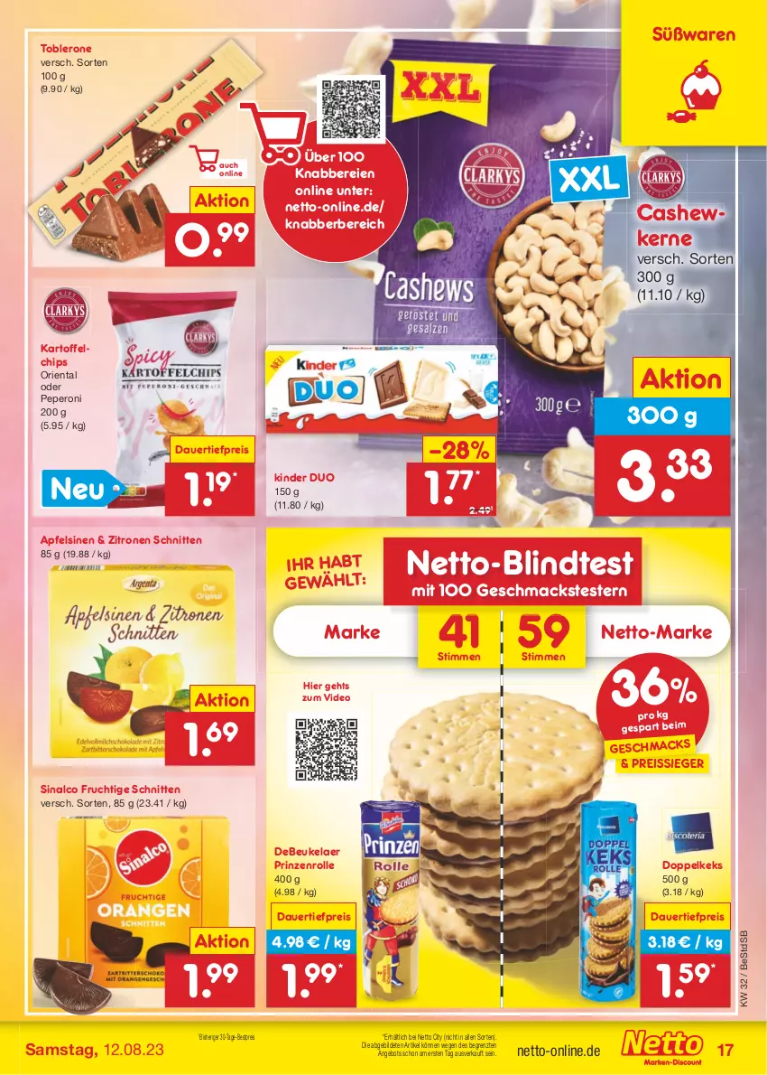 Aktueller Prospekt Netto Marken-Discount - Filial-Angebote - von 07.08 bis 12.08.2023 - strona 19 - produkty: angebot, apfel, auer, bestpreis, Cashew, cashewkerne, chips, dauertiefpreis, debeukelaer, deo, eis, frucht, kartoffel, kartoffelchips, keks, Kinder, lindt, mac, peperoni, Peroni, prinzenrolle, reis, reiss, schnitten, sinalco, Ti, tiefpreis, toblerone, zitrone, zitronen, ZTE