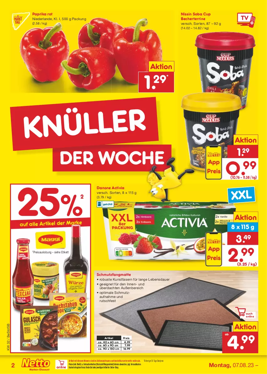 Aktueller Prospekt Netto Marken-Discount - Filial-Angebote - von 07.08 bis 12.08.2023 - strona 2 - produkty: activia, auer, Becher, bestpreis, danone, danone activia, eis, maggi, ndk, Nissin, paprika, paprika rot, reis, schmutzfangmatte, terrine, Ti