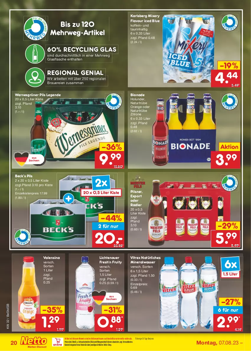 Aktueller Prospekt Netto Marken-Discount - Filial-Angebote - von 07.08 bis 12.08.2023 - strona 22 - produkty: Alwa, auer, bestpreis, bio, bionade, Clin, eis, flasche, glasflasche, holunder, karlsberg, karlsberg mixery, lichtenauer, mineralwasser, Mixer, mixery, natur, natürliches mineralwasser, ndk, oder radler, orange, pils, pilsner, radler, reis, rwe, sac, Ti, valensina, vitrex, wasser, zitrone