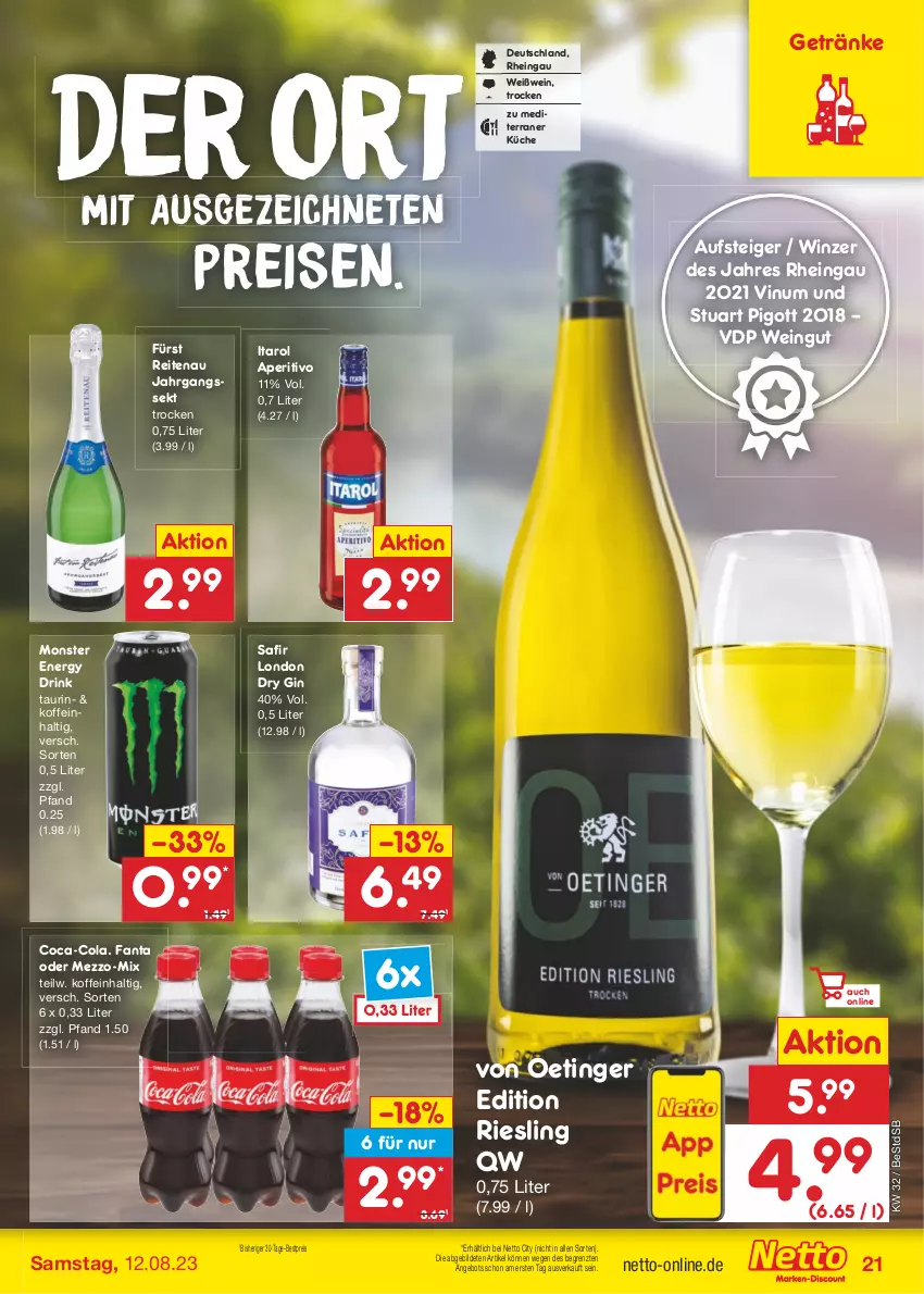 Aktueller Prospekt Netto Marken-Discount - Filial-Angebote - von 07.08 bis 12.08.2023 - strona 23 - produkty: angebot, bestpreis, coca-cola, cola, drink, dry gin, eis, energy drink, fanta, fanta oder, getränk, getränke, gin, jahrgangssekt, küche, london dry, london dry gin, monster, Monster Energy, reis, riesling, sekt, Ti, wein, Weißwein, ZTE