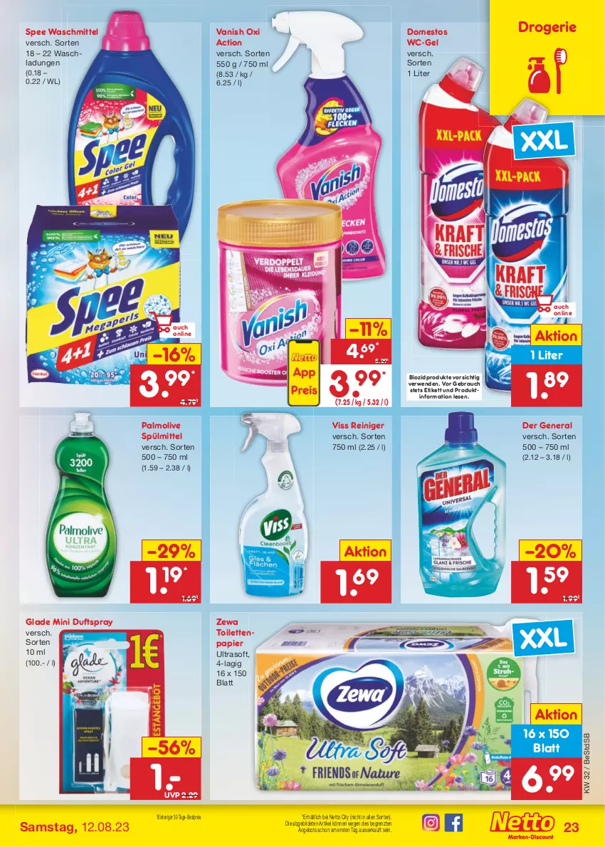 Aktueller Prospekt Netto Marken-Discount - Filial-Angebote - von 07.08 bis 12.08.2023 - strona 25 - produkty: angebot, bestpreis, bio, biozidprodukte, domestos, Duftspray, eis, Glade, olive, oxi action, palmolive, papier, Rauch, reiniger, reis, rwe, spee, spülmittel, Ti, toilettenpapier, vanish, vanish oxi action, waschmittel, wc-gel, zewa, ZTE