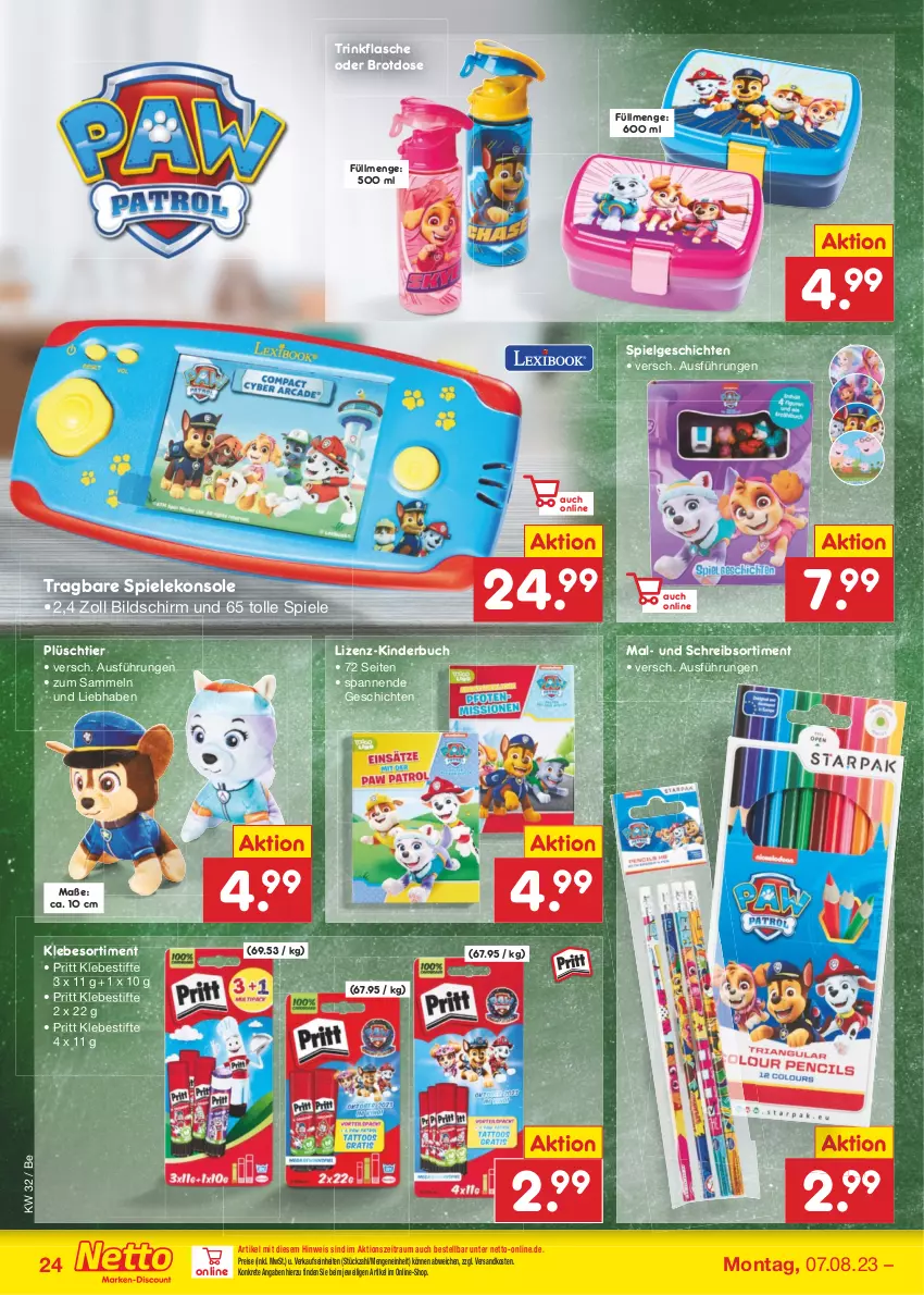 Aktueller Prospekt Netto Marken-Discount - Filial-Angebote - von 07.08 bis 12.08.2023 - strona 26 - produkty: brot, Brotdose, buch, eis, flasche, Kinder, Kinderbuch, LG, ndk, Plüsch, pritt, reis, Spiele, stifte, Ti, trinkflasche