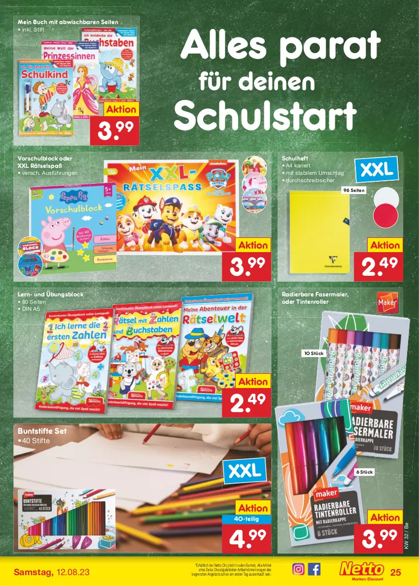 Aktueller Prospekt Netto Marken-Discount - Filial-Angebote - von 07.08 bis 12.08.2023 - strona 27 - produkty: angebot, buch, buntstifte, fasermaler, Roller, Schulblock, stifte, Ti, ZTE