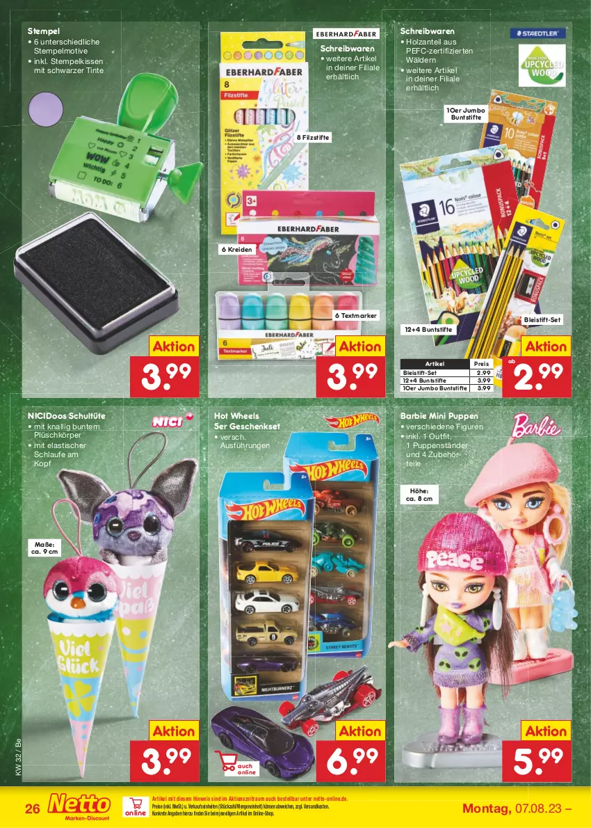 Aktueller Prospekt Netto Marken-Discount - Filial-Angebote - von 07.08 bis 12.08.2023 - strona 28 - produkty: asti, Barbie, Bleistift, buntstifte, eis, geschenkset, Holz, Hot Wheels, jumbo, kissen, Kreide, ndk, Plüsch, Puppe, reis, schreibwaren, stifte, textmarker, Ti, tisch, Tüte