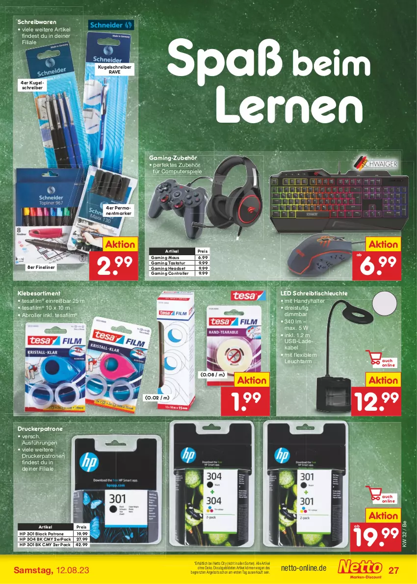 Aktueller Prospekt Netto Marken-Discount - Filial-Angebote - von 07.08 bis 12.08.2023 - strona 29 - produkty: angebot, computer, deka, drucker, eis, Fineliner, gaming maus, Handy, Headset, HP, Kugel, kugelschreiber, lack, ladekabel, Leuchte, Maus, pute, reis, Roller, schreibtisch, schreibwaren, Spiele, Tastatur, tesa, Ti, tisch, tischleuchte, usb, ZTE