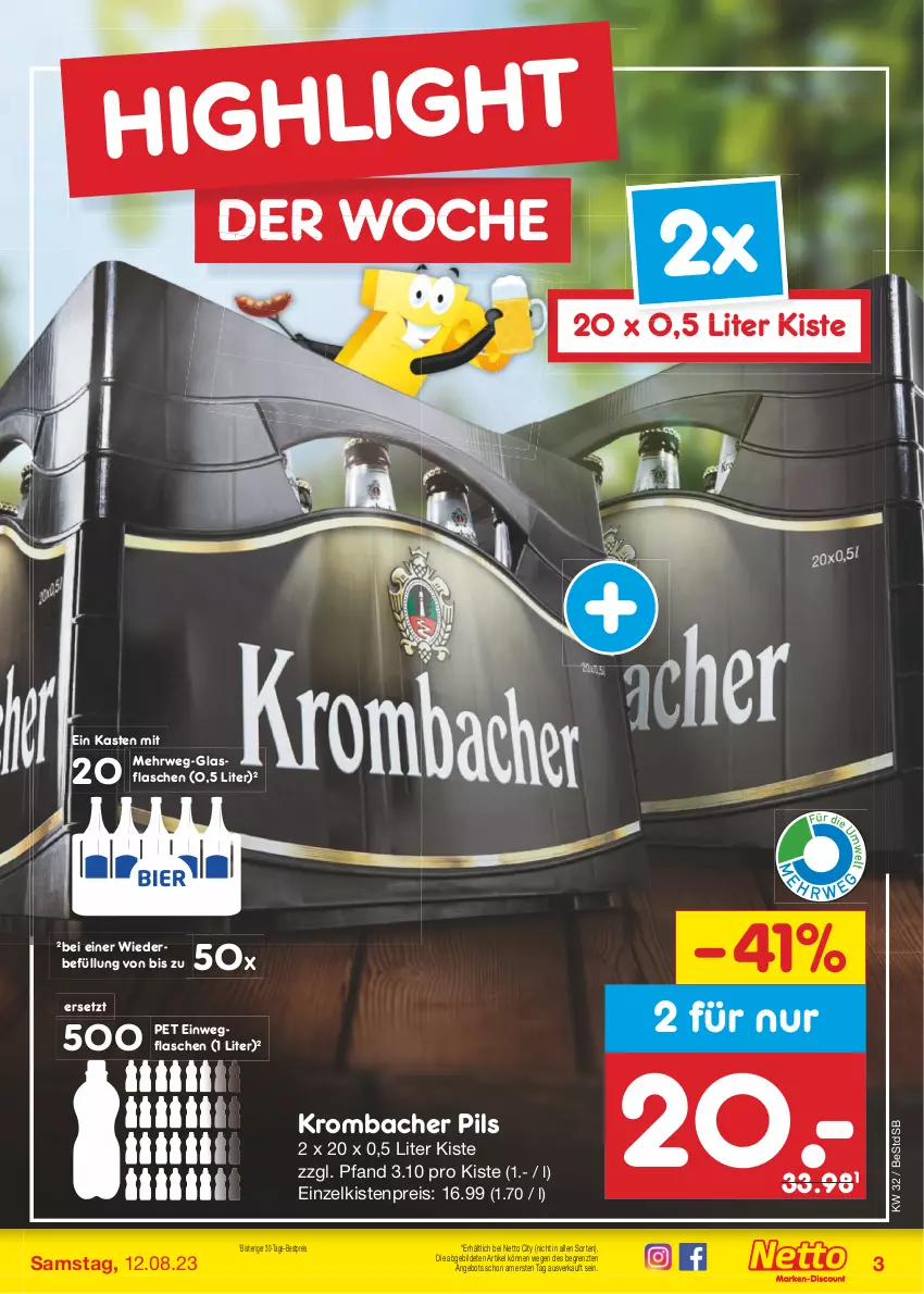 Aktueller Prospekt Netto Marken-Discount - Filial-Angebote - von 07.08 bis 12.08.2023 - strona 3 - produkty: angebot, bestpreis, eis, flasche, glasflasche, krombache, krombacher, krombacher pils, pils, reis, rwe, Ti, ZTE