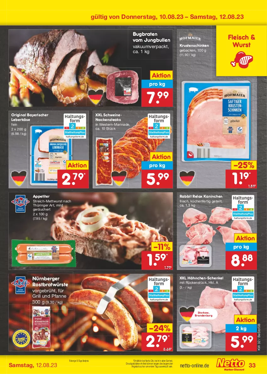 Aktueller Prospekt Netto Marken-Discount - Filial-Angebote - von 07.08 bis 12.08.2023 - strona 35 - produkty: angebot, Berger, bestpreis, braten, eis, fleisch, für grill und pfanne, geback, gin, grill, grill und pfanne, hähnchen-schenkel, henkel, jungbullen, Käse, Krustenschinken, küche, Küchen, leberkäs, leberkäse, marinade, Mett, mettwurst, Nackensteak, nackensteaks, nürnberger, pfanne, reis, rel, ring, schenkel, schinken, schwein, schweine, schweinenacken, steak, steaks, Ti, und pfanne, wein, weine, Weste, wurst, ZTE