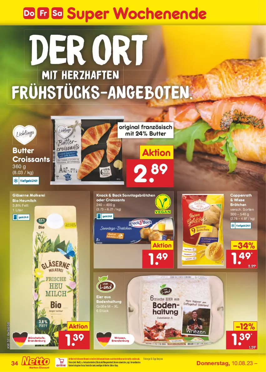 Aktueller Prospekt Netto Marken-Discount - Filial-Angebote - von 07.08 bis 12.08.2023 - strona 36 - produkty: angebot, angebote, bestpreis, bio, brötchen, butter, coppenrath, Croissant, croissants, eier, eis, gin, Gläser, Heu, heumilch, milch, ndk, reis, Sonntagsbrötchen, Ti