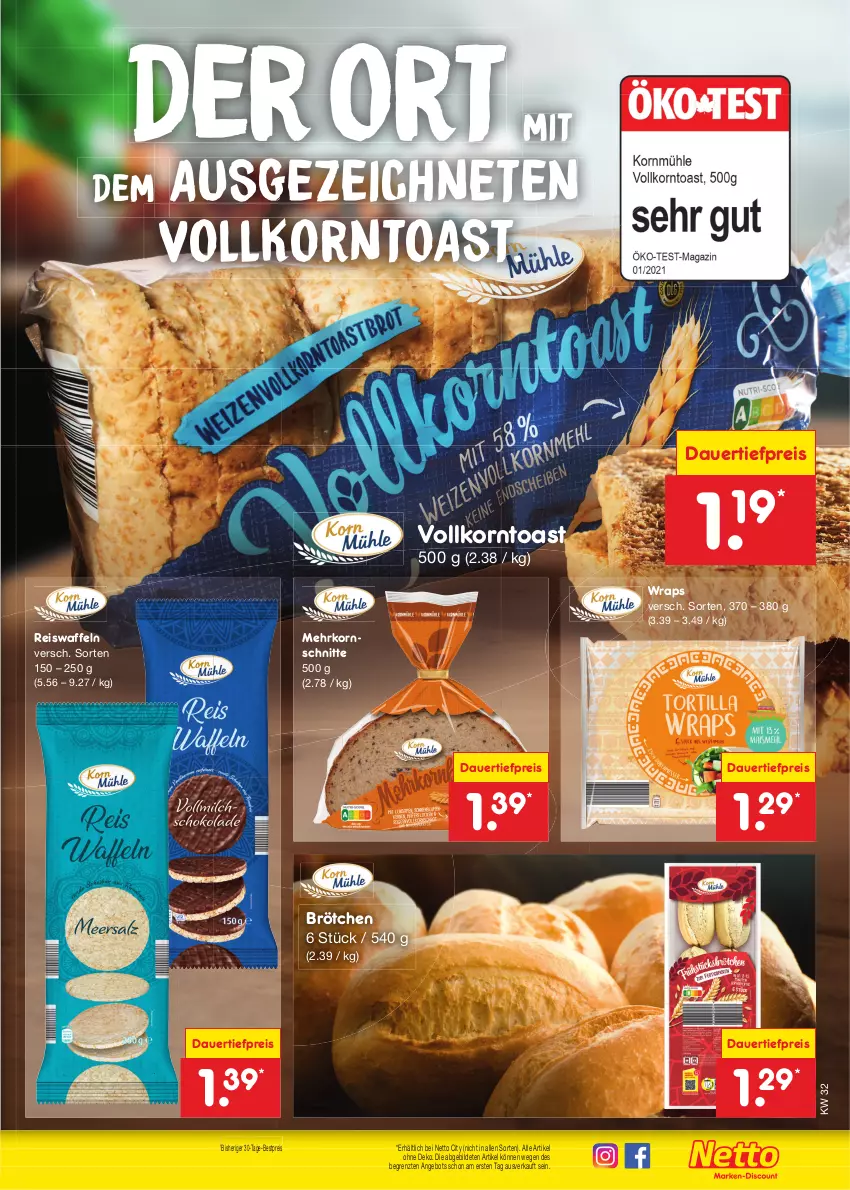 Aktueller Prospekt Netto Marken-Discount - Filial-Angebote - von 07.08 bis 12.08.2023 - strona 41 - produkty: angebot, auer, bestpreis, brötchen, dauertiefpreis, eis, eiswaffeln, korn, reis, Reiswaffeln, Ti, tiefpreis, toast, waffeln, wrap, wraps, ZTE