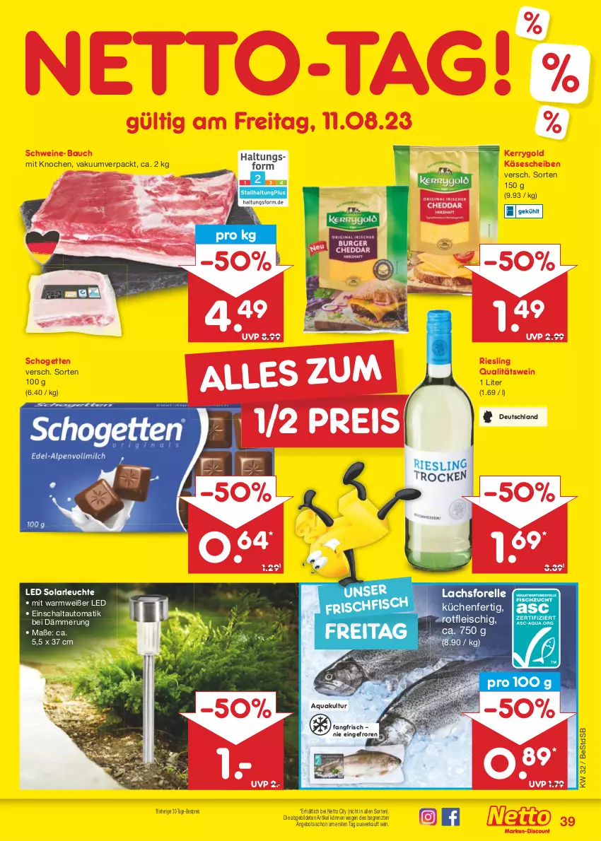 Aktueller Prospekt Netto Marken-Discount - Filial-Angebote - von 07.08 bis 12.08.2023 - strona 43 - produkty: angebot, aqua, auto, Bau, bestpreis, eis, elle, fleisch, forelle, Käse, käsescheiben, kerrygold, küche, Küchen, lachs, Leuchte, qualitätswein, reis, rel, riesling, Schal, schogetten, schwein, schweine, schweine-bauch, solarleuchte, Ti, wein, weine, ZTE