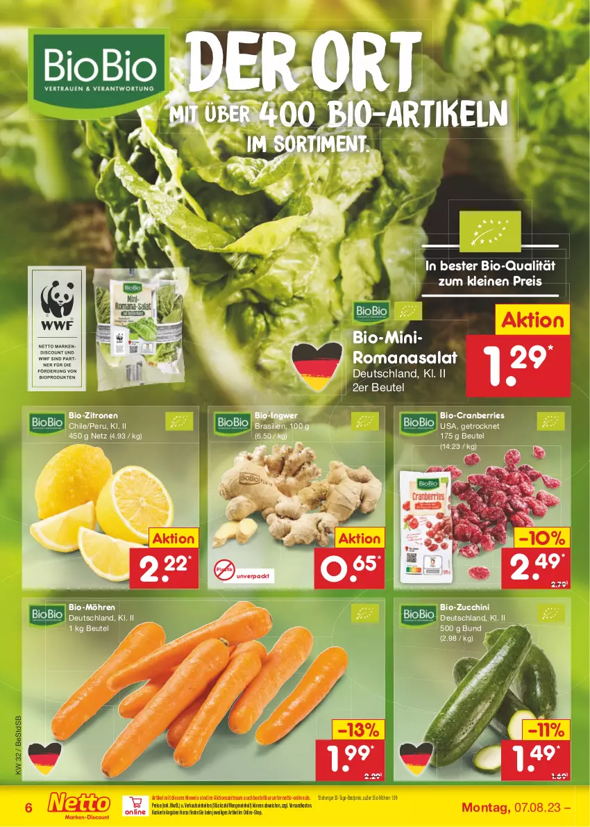 Aktueller Prospekt Netto Marken-Discount - Filial-Angebote - von 07.08 bis 12.08.2023 - strona 6 - produkty: asti, bestpreis, beutel, bio, bio-zitronen, bio-zucchini, biobio, cranberries, discount, eis, ingwer, leine, möhren, ndk, reis, Romanasalat, salat, Ti, zitrone, zitronen, zucchini