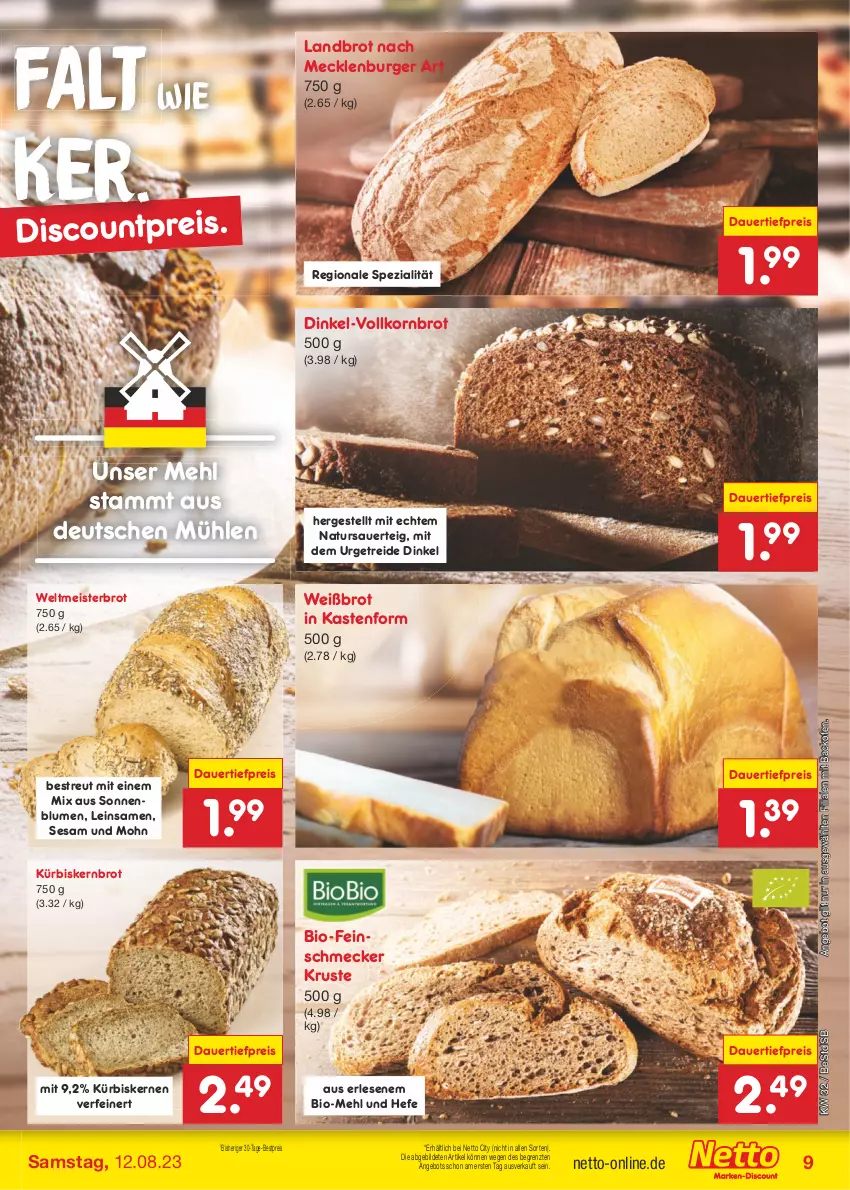 Aktueller Prospekt Netto Marken-Discount - Filial-Angebote - von 07.08 bis 12.08.2023 - strona 9 - produkty: angebot, auer, backofen, bestpreis, bio, blume, blumen, brot, burger, dauertiefpreis, eis, feinschmecker, Hefe, korn, Kornbrot, Kürbis, kürbiskerne, mehl, Meister, natur, Ofen, reis, sesam, sonnenblume, sonnenblumen, Spezi, Ti, tiefpreis, vollkornbrot, weltmeisterbrot, ZTE