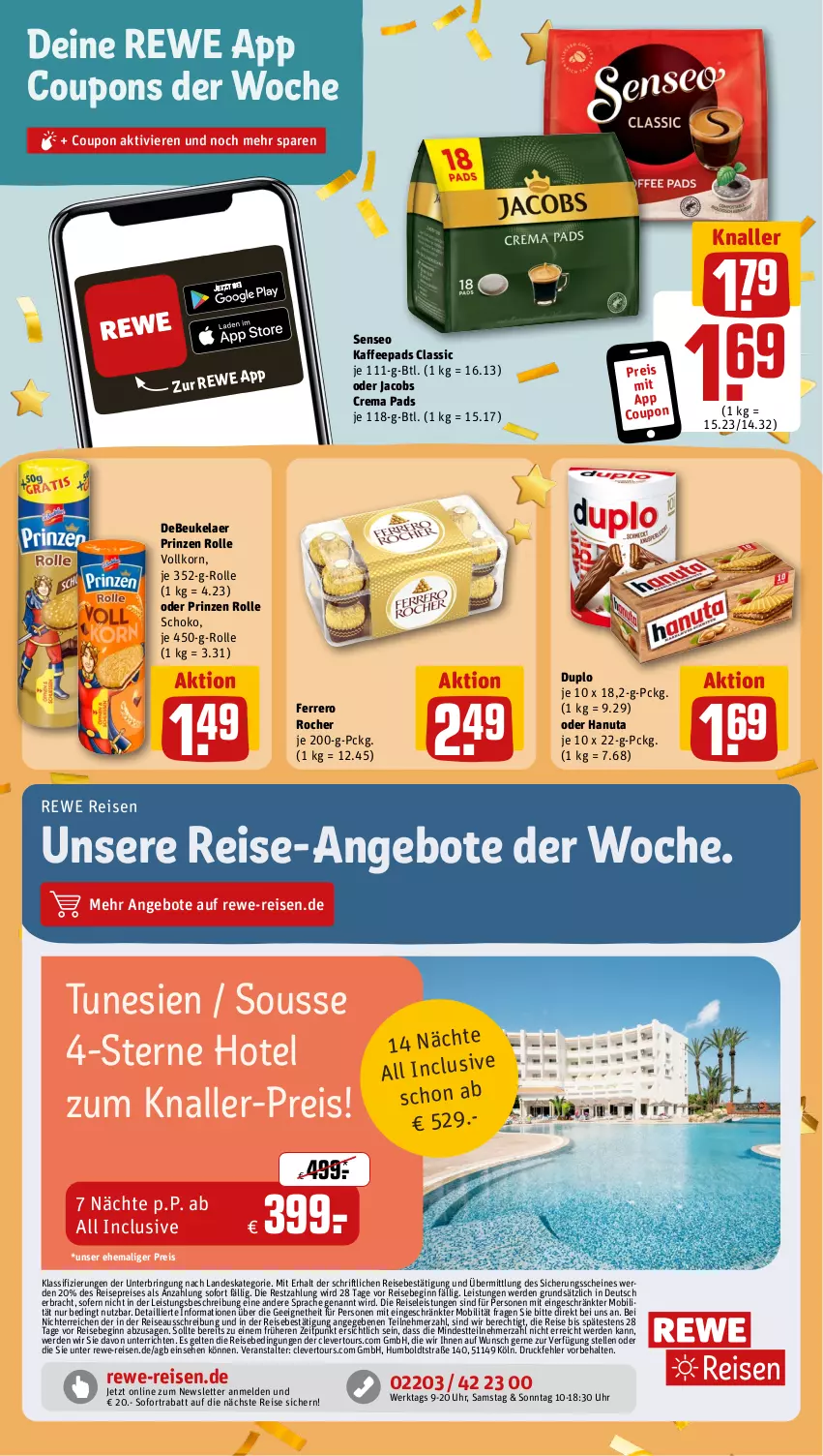 Aktueller Prospekt Rewe - Prospekte - von 02.10 bis 07.10.2023 - strona 18 - produkty: angebot, angebote, coupon, coupons, crema pads, debeukelaer, duplo, eis, elle, erde, ferrero, Ferrero Rocher, gin, hanuta, jacobs, Jacobs Crema, kaffee, kaffeepads, korn, oder jacobs, prinzen rolle, reis, ring, schoko, senseo, sofortrabatt, Ti, uhr