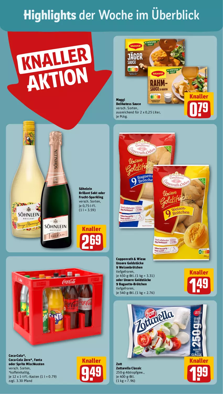 Aktueller Prospekt Rewe - Prospekte - von 02.10 bis 07.10.2023 - strona 2 - produkty: baguette, brillant sekt, brötchen, coca-cola, cola, coppenrath, delikatess sauce, fanta, fanta oder, fanta oder sprite, frucht, Goldstücke, maggi, oder sprite, rel, sauce, sekt, söhnlein, söhnlein brillant, sprite, Ti, weizenbrötchen, zott, zottarella