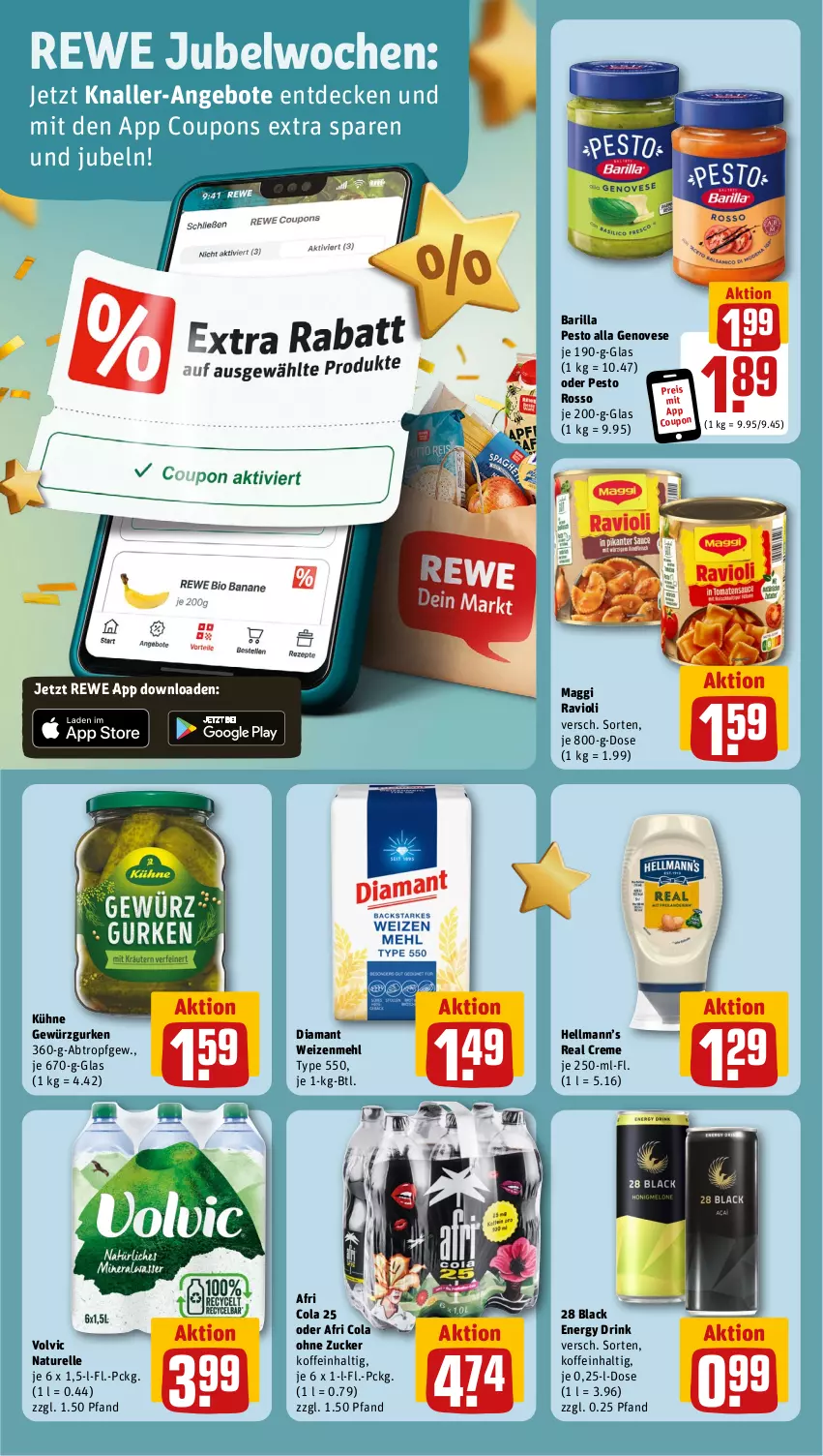 Aktueller Prospekt Rewe - Prospekte - von 02.10 bis 07.10.2023 - strona 6 - produkty: Afri Cola, angebot, angebote, barilla, cola, coupon, coupons, creme, decke, drink, eis, elle, energy drink, genovese, gewürz, Gewürzgurke, gewürzgurken, gurke, gurken, Kühne, lack, maggi, mehl, natur, pesto, ravioli, reis, rel, Ti, volvic, weizenmehl, zucker