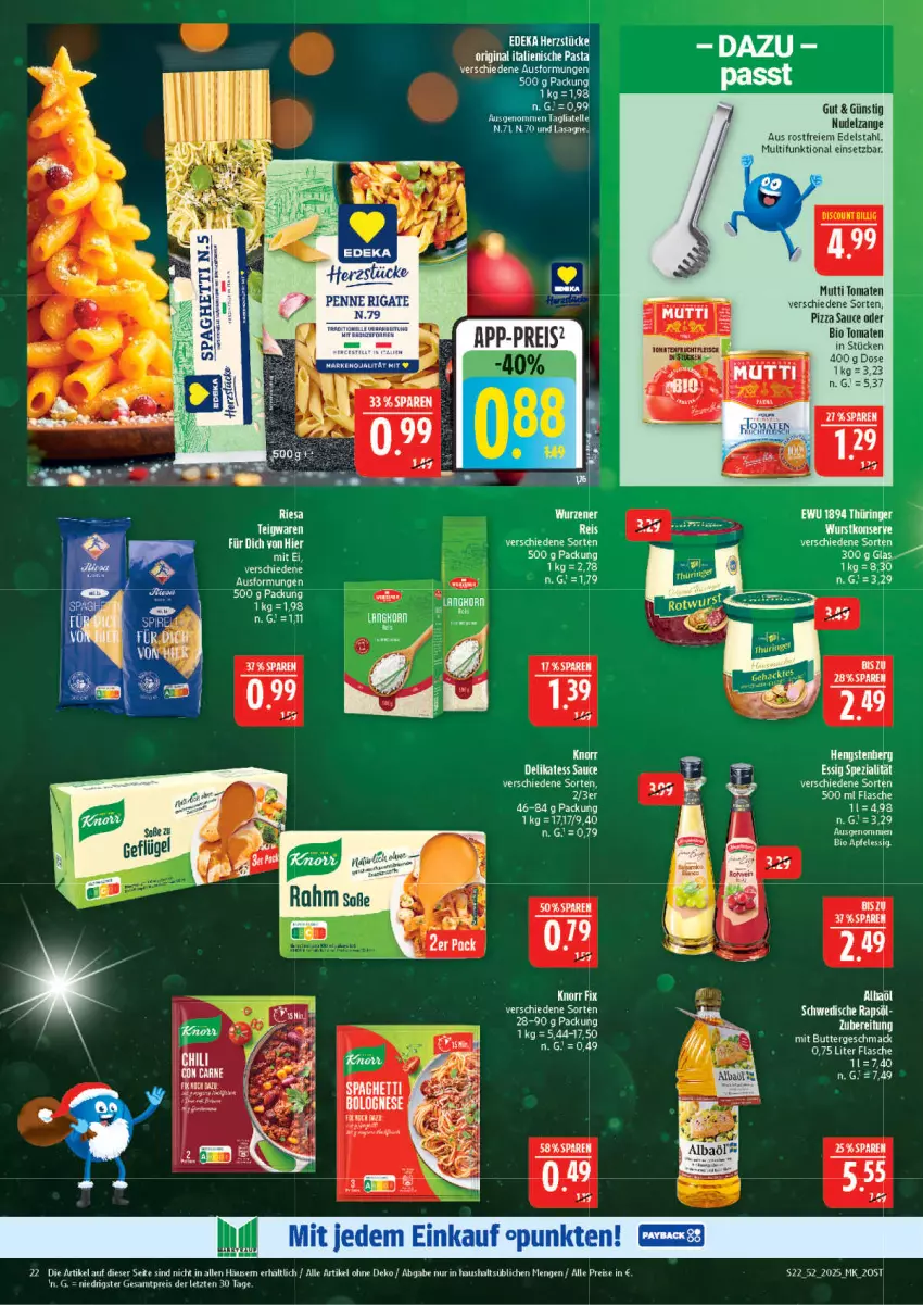 Aktueller Prospekt Marktkauf - Prospekt - von 21.12 bis 27.12.2025 - strona 22 - produkty: apfel, apfelessig, bio, bolognese, butter, edelstahl, eier, eis, elle, erde, essig, flasche, mac, Mutti, nudel, penne, penne rigate, pizza, reis, sauce, spaghetti, spaghetti bolognese, tagliatelle, Ti, tomate, tomaten