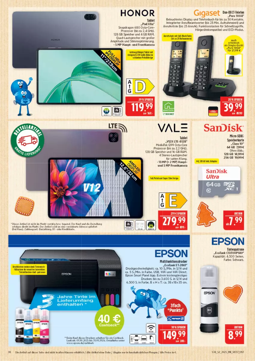 Aktueller Prospekt Marktkauf - Prospekt - von 21.12 bis 27.12.2025 - strona 38 - produkty: buch, cola, drucker, eis, epson, frontkamera, gigaset, Honor, kamera, lautsprecher, Leuchte, LG, multifunktionsdrucker, quad, reis, sandisk, tablet, telefon, Ti, Tintenpatrone, usb