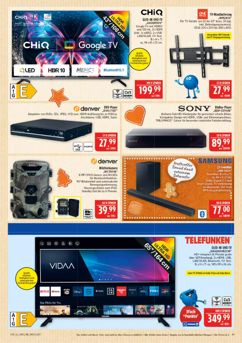 Aktueller Prospekt Marktkauf - Prospekt - von 21.12 bis 27.12.2025 - strona 39 - produkty: auto, cmos-sensor, dvd, eis, gabel, HDMI, kamera, leds, natur, qled, reis, Ria, Samsung, Spiele, Ti, tisch, uhd, UHD-TV, usb, wandhalterung, wasser, Wild, Yo
