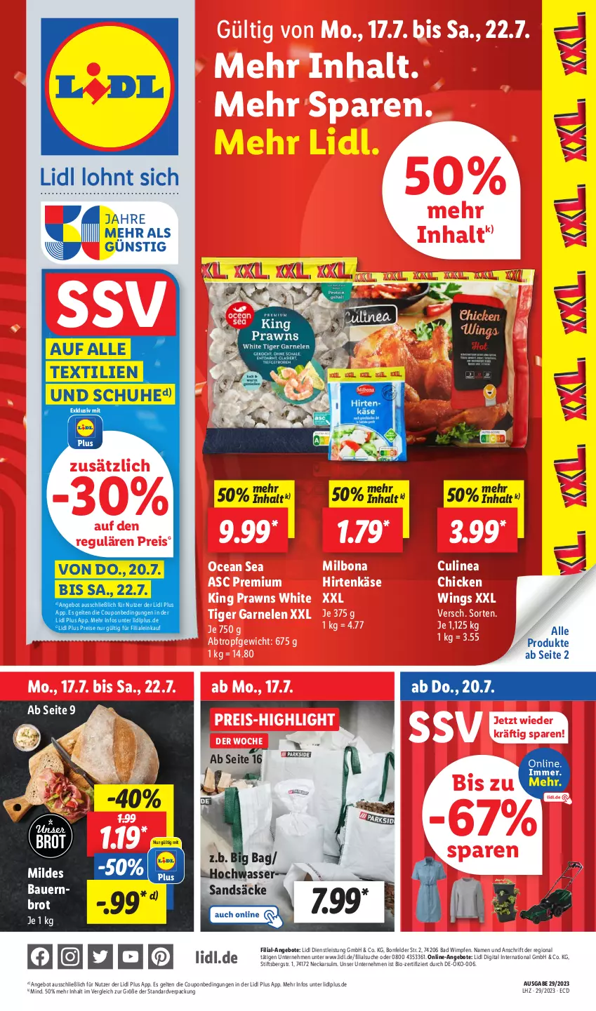 Aktueller Prospekt Lidl - Aktionsprospekt - von 17.07 bis 22.07.2023 - strona 1 - produkty: angebot, angebote, auer, Bad, Bau, Bauer, bio, Bona, brot, chicken wings, coupon, eis, garnelen, hirtenkäse, Käse, Milbona, prawns, reis, schuhe, Ti, wasser