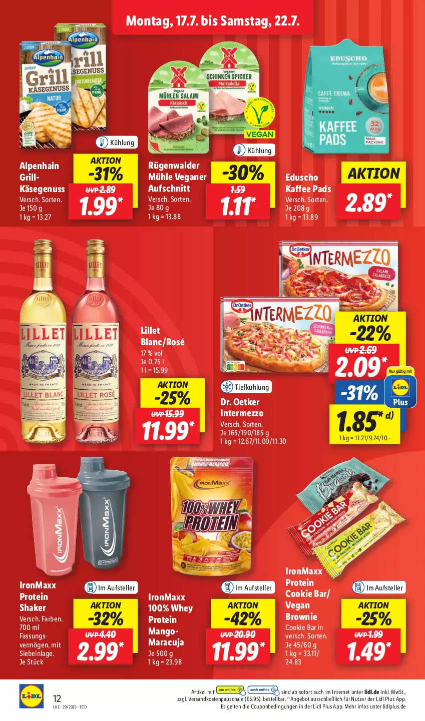 Aktueller Prospekt Lidl - Aktionsprospekt - von 17.07 bis 22.07.2023 - strona 12 - produkty: Alpenhain, angebot, aufschnitt, brownie, cookie, coupon, Dr. Oetker, eduscho, elle, grill, Grillkäse, intermezzo, kaffee, Käse, lillet, mango, maracuja, ndk, nuss, rügenwalder, rügenwalder mühle, Schal, Schale, shake, teller, Ti