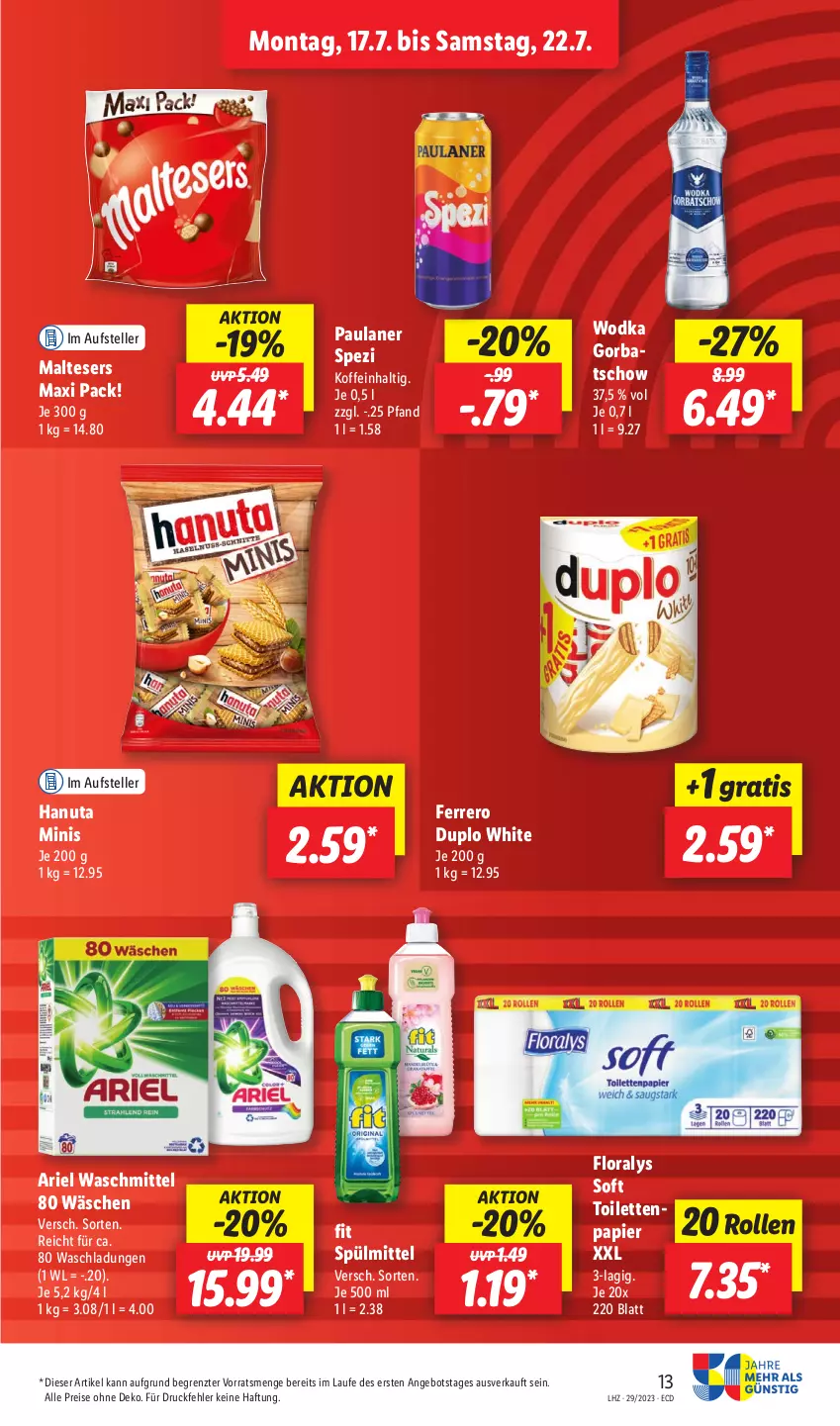 Aktueller Prospekt Lidl - Aktionsprospekt - von 17.07 bis 22.07.2023 - strona 13 - produkty: angebot, ariel, ariel waschmittel, duplo, eis, elle, ferrero, Floralys, hanuta, malteser, papier, Paula, paulaner, reis, Spezi, spülmittel, teller, Ti, waschmittel, wodka, ZTE