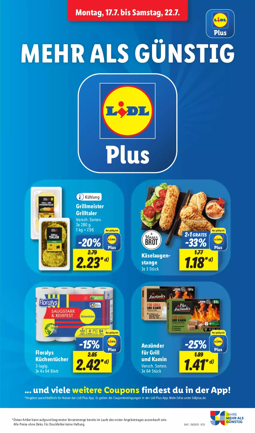 Aktueller Prospekt Lidl - Aktionsprospekt - von 17.07 bis 22.07.2023 - strona 15 - produkty: angebot, anzünder, brot, coupon, coupons, eis, Floralys, grill, Kamin, Käse, küche, Küchen, küchentücher, Laugenstange, Meister, reis, Ti, tücher, ZTE