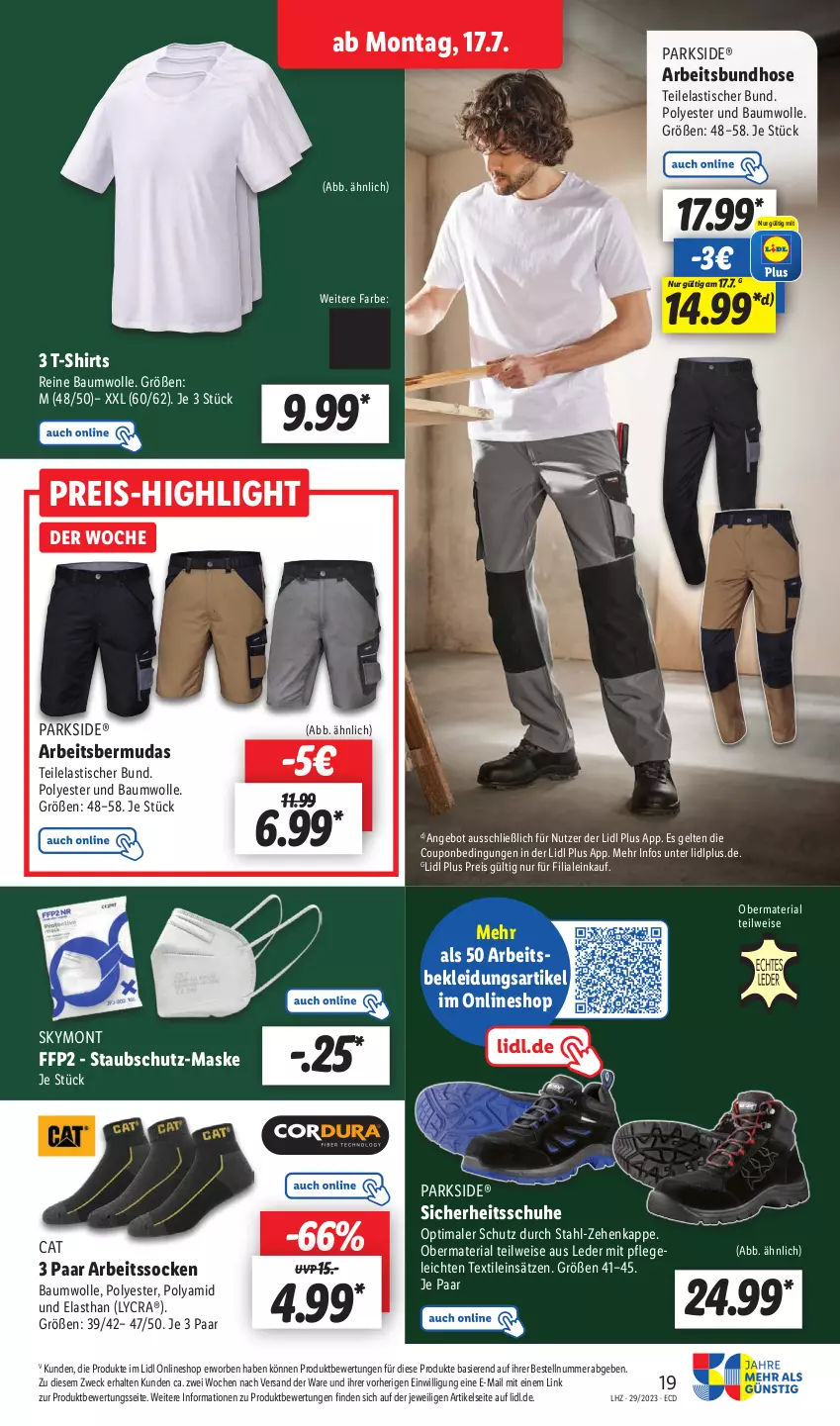 Aktueller Prospekt Lidl - Aktionsprospekt - von 17.07 bis 22.07.2023 - strona 23 - produkty: angebot, Arbeitssocken, asti, Bau, baumwolle, bermuda, bermudas, coupon, eis, FFP2, hose, kleid, Kleidung, Maske, Parkside, reine baumwolle, reis, Ria, schuhe, shirt, shirts, socken, T-Shirt, Ti, tisch, weck, wolle