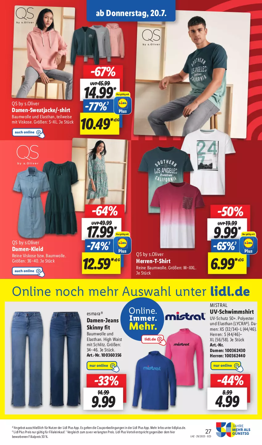 Aktueller Prospekt Lidl - Aktionsprospekt - von 17.07 bis 22.07.2023 - strona 33 - produkty: angebot, Bau, baumwolle, coupon, eis, esmara, herren-t-shirt, Jacke, jeans, kleid, olive, reine baumwolle, reis, s.oliver, shirt, sweatjacke, T-Shirt, Ti, uv-schutz, wolle