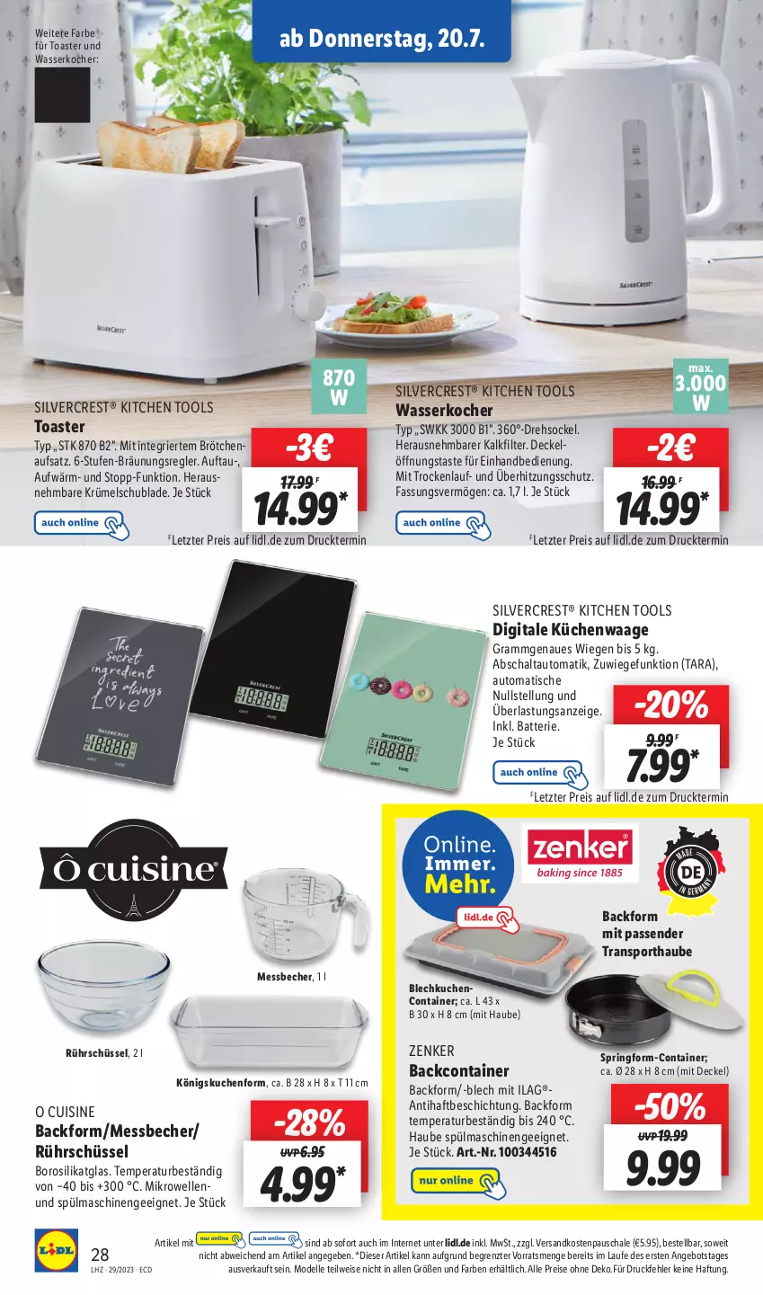 Aktueller Prospekt Lidl - Aktionsprospekt - von 17.07 bis 22.07.2023 - strona 36 - produkty: angebot, auto, Backform, batterie, Becher, brötchen, brötchenaufsatz, Container, decke, Deckel, dell, eis, elle, gefu, ilag, Kocher, küche, Küchen, kuchen, Küchenwaage, Messbecher, mikrowelle, Mode, ndk, reis, ring, Rührschüssel, Schal, Schale, schüssel, silvercrest, Sport, Springform, spülmaschinen, Ti, tisch, toast, toaster, überhitzungsschutz, Waage, wasser, wasserkocher, ZTE