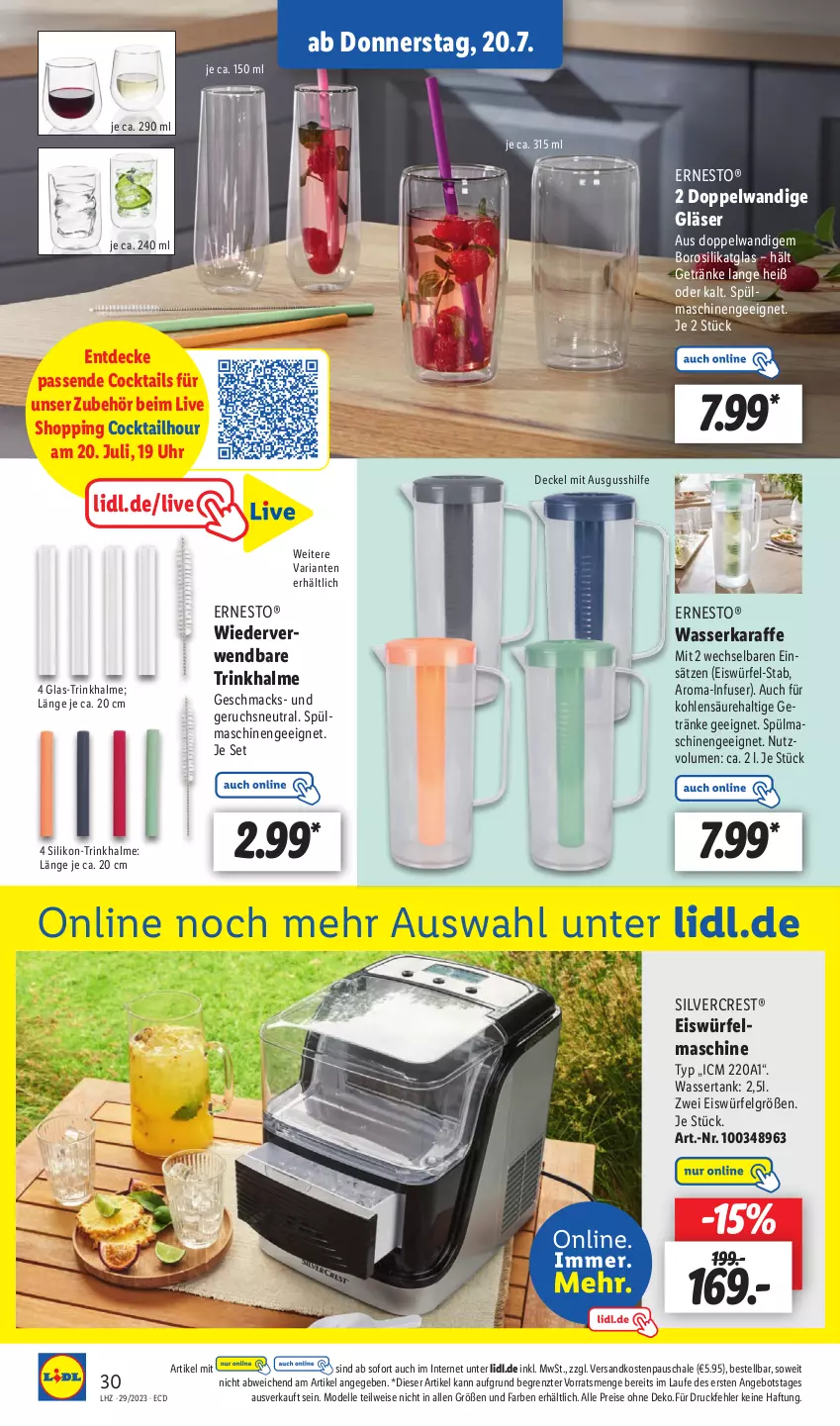 Aktueller Prospekt Lidl - Aktionsprospekt - von 17.07 bis 22.07.2023 - strona 38 - produkty: angebot, cocktail, cocktails, decke, Deckel, dell, eis, eiswürfel, elle, ernesto, getränk, getränke, Gläser, Karaffe, LG, mac, Mode, ndk, reis, Ria, rwe, Schal, Schale, silvercrest, spülmaschinen, Ti, Trinkhalme, uhr, wasser, Wasserkaraffe, wassertank, würfel, ZTE