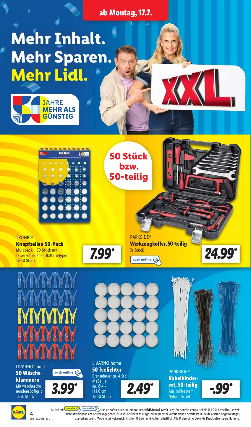 Aktueller Prospekt Lidl - Aktionsprospekt - von 17.07 bis 22.07.2023 - strona 4 - produkty: angebot, auer, batterie, dell, eis, elle, Kabelbinderset, Klammern, koffer, lamm, Mode, ndk, Parkside, reis, Schal, Schale, tee, Teelicht, teelichte, Ti, werkzeug, ZTE