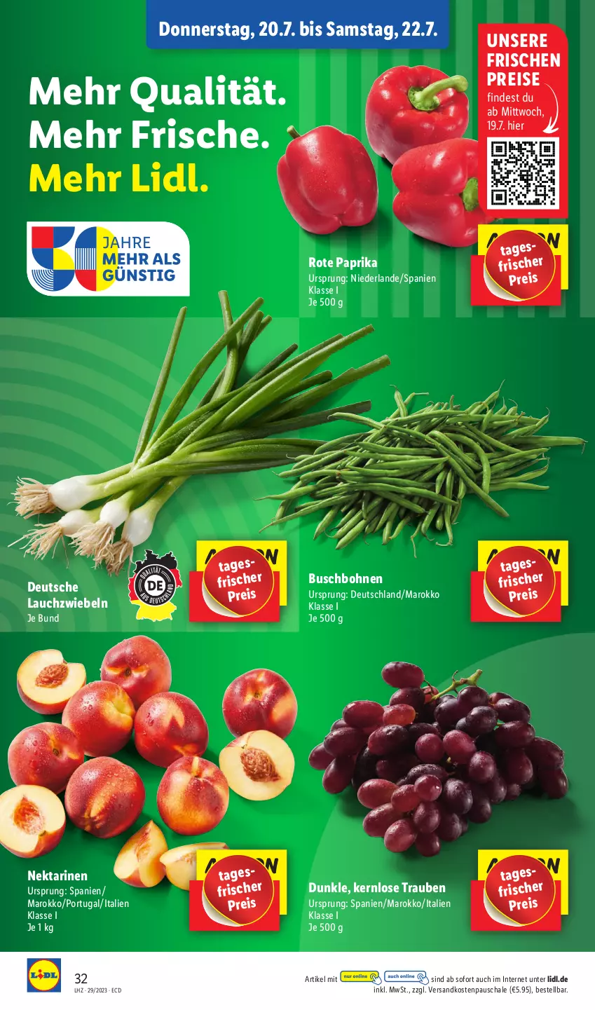 Aktueller Prospekt Lidl - Aktionsprospekt - von 17.07 bis 22.07.2023 - strona 40 - produkty: bohne, bohnen, Buschbohnen, eis, Lauchzwiebel, lauchzwiebeln, ndk, Nektar, nektarinen, paprika, reis, Schal, Schale, Ti, trauben, zwiebel, zwiebeln