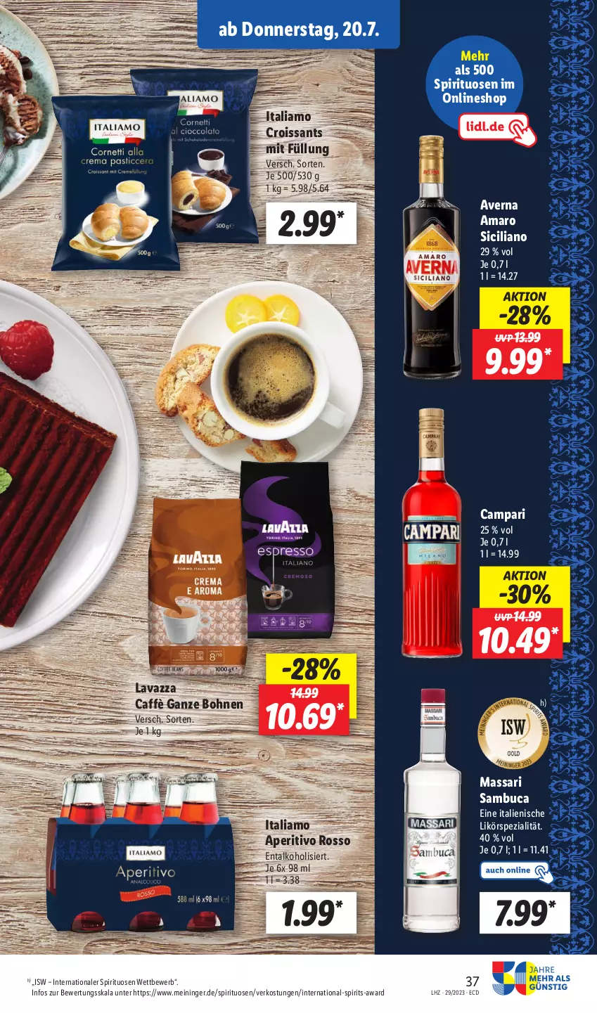 Aktueller Prospekt Lidl - Aktionsprospekt - von 17.07 bis 22.07.2023 - strona 45 - produkty: alkohol, amaro, averna, bohne, bohnen, campari, Croissant, croissants, italiamo, lavazza, likör, sambuca, Spezi, spirituosen, Ti