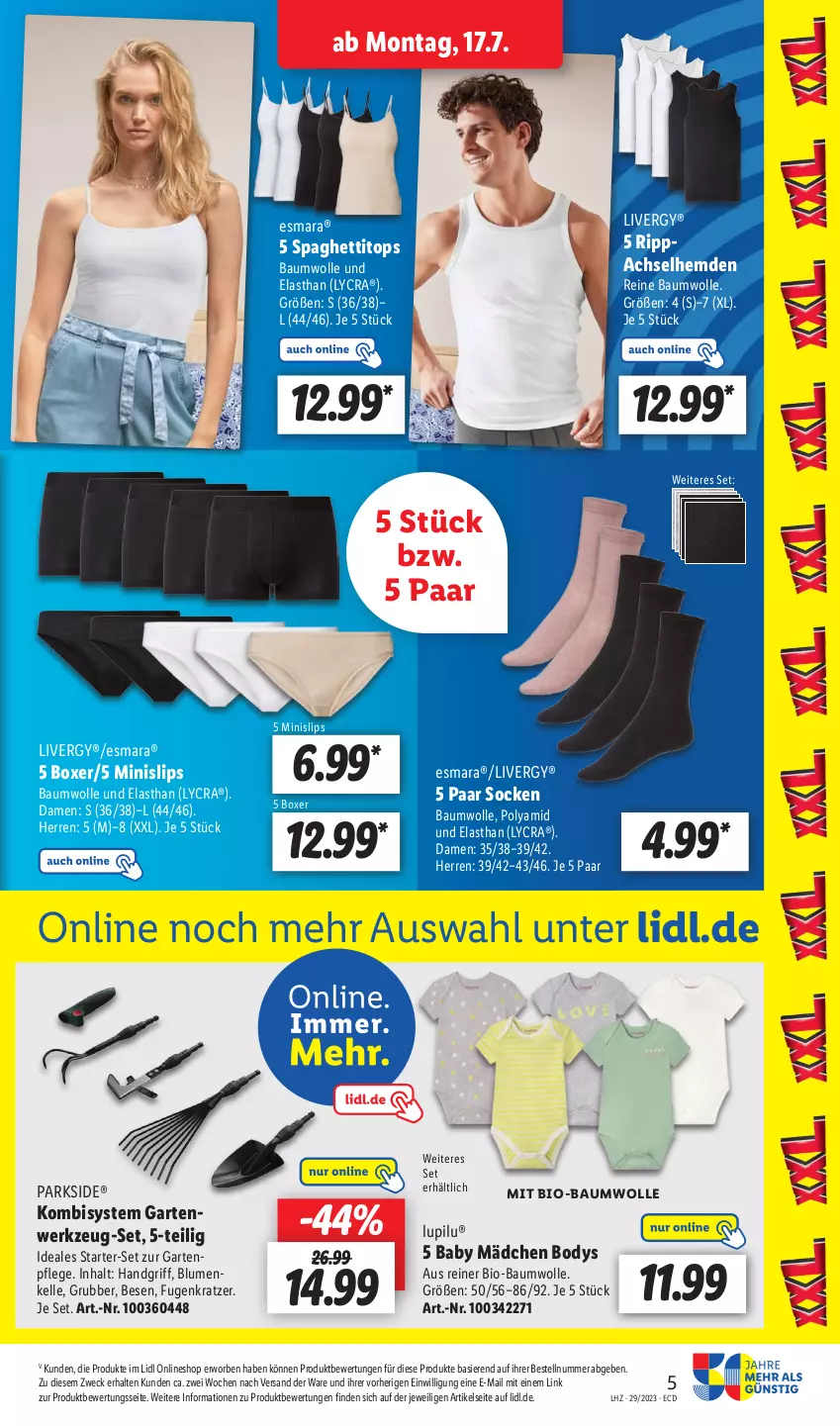 Aktueller Prospekt Lidl - Aktionsprospekt - von 17.07 bis 22.07.2023 - strona 5 - produkty: achselhemd, Bau, baumwolle, bio, bio-baumwolle, blume, blumen, body, elle, esmara, Garten, hemd, hemden, livergy, lupilu, Minislip, mit bio-baumwolle, Parkside, reine baumwolle, slip, slips, socken, spaghetti, Ti, weck, werkzeug, wolle