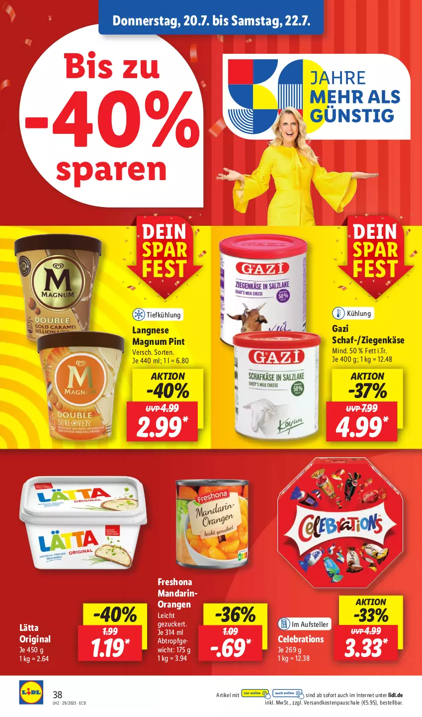 Aktueller Prospekt Lidl - Aktionsprospekt - von 17.07 bis 22.07.2023 - strona 52 - produkty: elle, gin, Käse, langnese, lätta, magnum, ndk, orange, orangen, Schal, Schale, teller, Ti, ziegenkäse, zucker