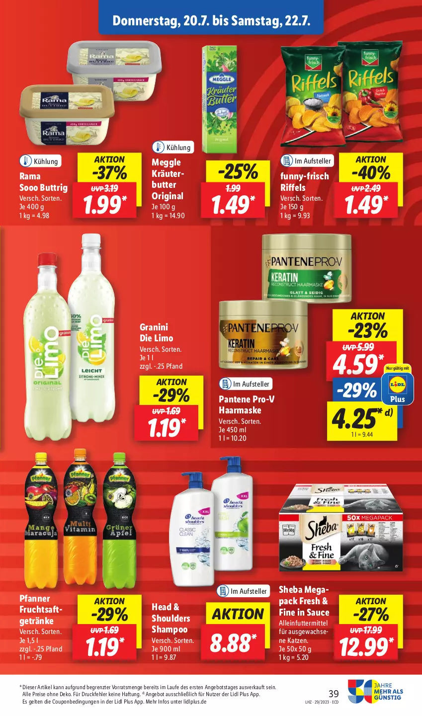 Aktueller Prospekt Lidl - Aktionsprospekt - von 17.07 bis 22.07.2023 - strona 53 - produkty: alleinfuttermittel, angebot, butter, coupon, eis, elle, frucht, fruchtsaft, fruchtsaftgetränk, funny-frisch, getränk, getränke, gin, granini, granini die limo, kräuter, kräuterbutter, limo, Maske, meggle, pantene, pantene pro-v, pfanne, Pfanner, pro-v, rama, reis, saft, sauce, shampoo, sheba, teller, Ti, ZTE